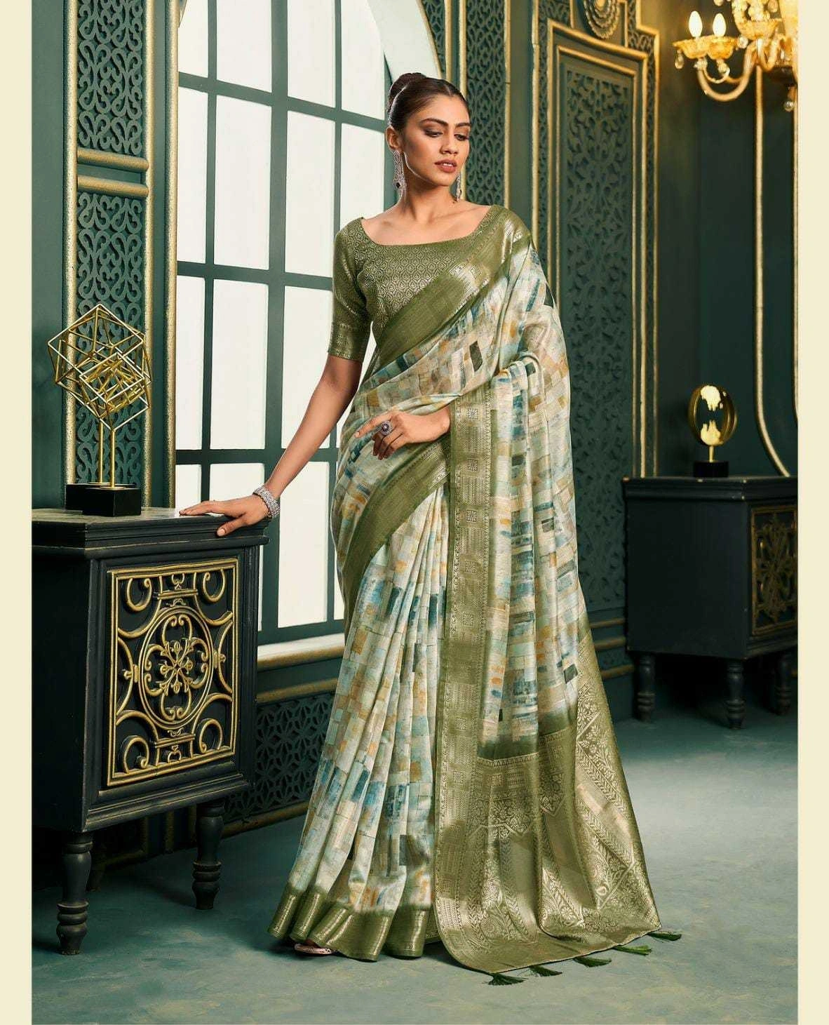 Model Cotton Saree: Digital Print, Rich Weaving Pallu &amp; Border-SAN-183000-Mehendi