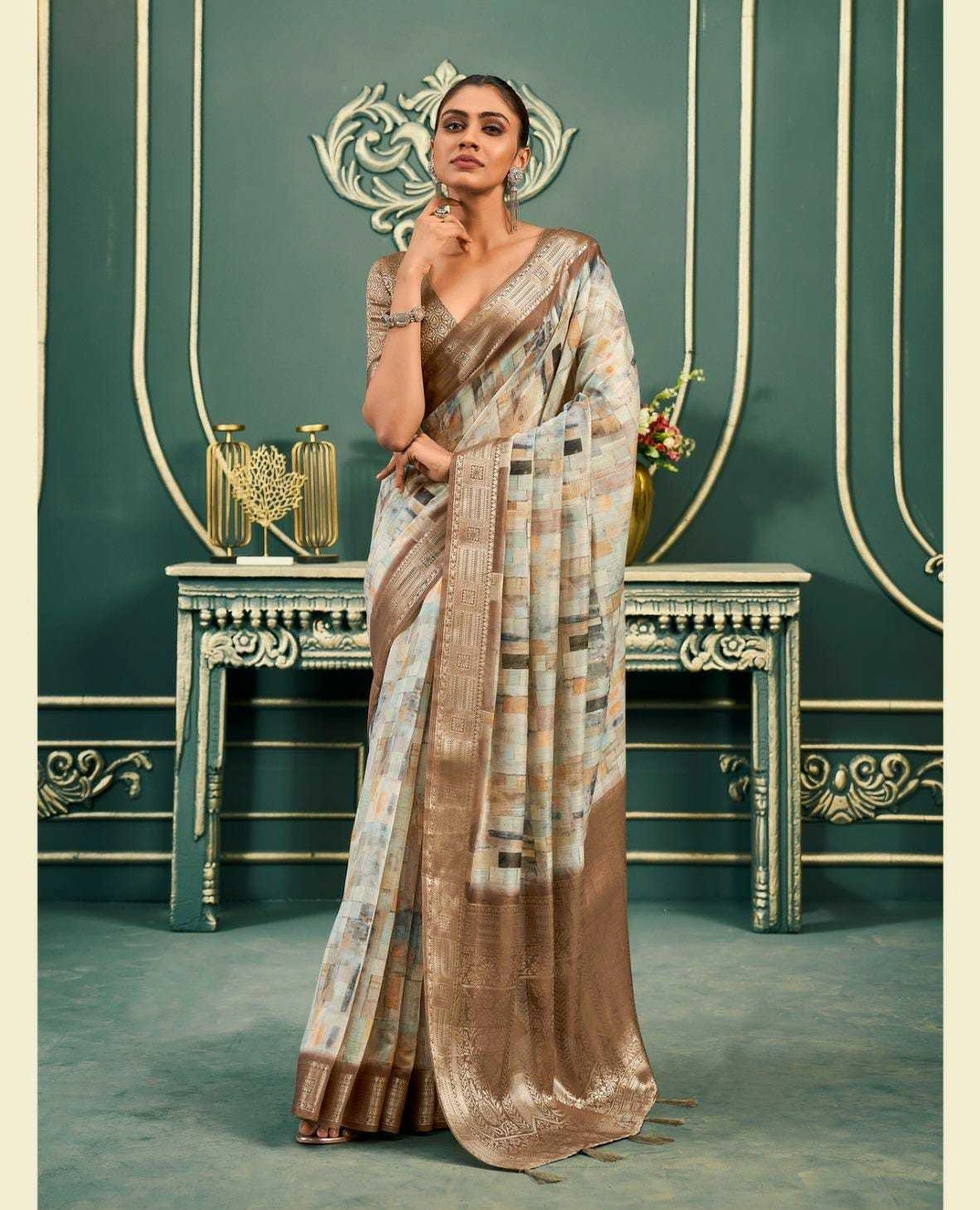 Model Cotton Saree: Digital Print, Rich Weaving Pallu &amp; Border-SAN-183000-Brown