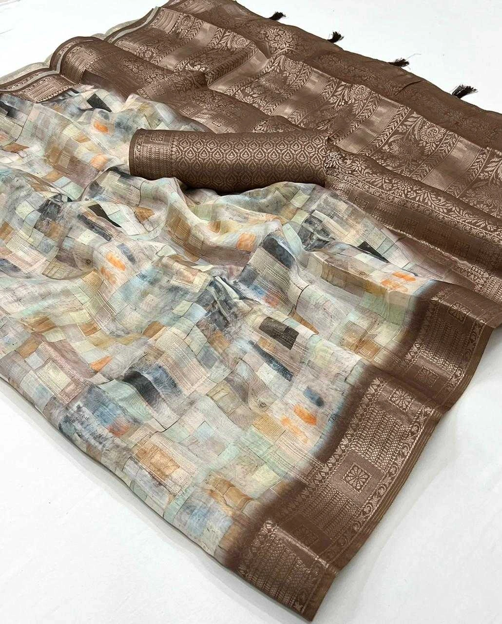 Model Cotton Saree: Digital Print, Rich Weaving Pallu &amp; Border-Brown-2