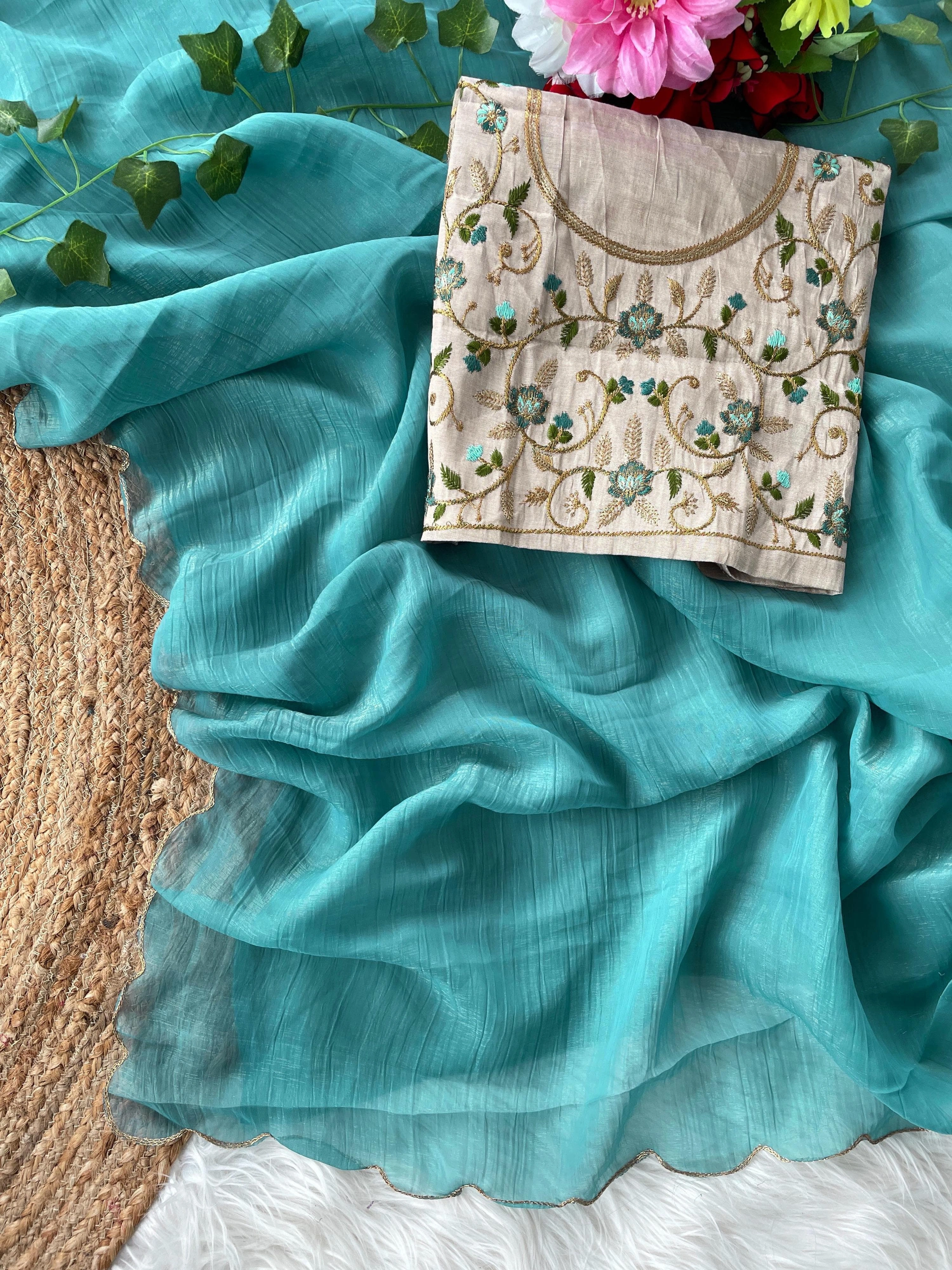 Embellished Burberry Crush Saree with Designer Silk Blouse-Sky Blue-1