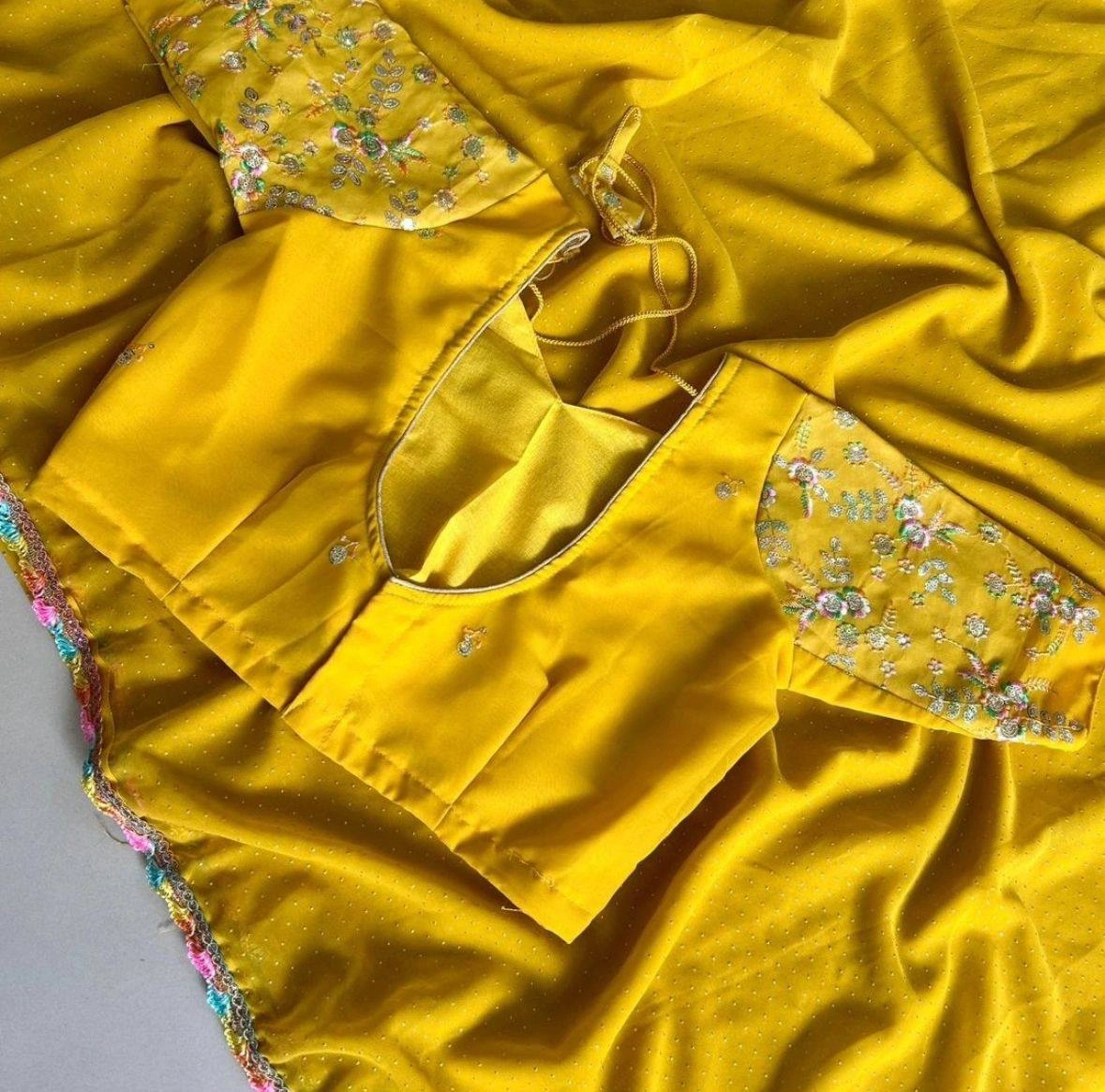 Rainbow Lace Georgette Saree with Stunning Embroidered Blouse-Yellow-3