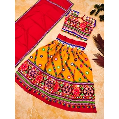 Colorful Cotton Lehnega Set with Embroidery and Mirror Work - Ages 3-14