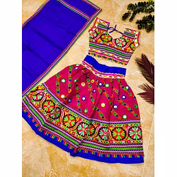 Colorful Cotton Lehnega Set with Embroidery and Mirror Work - Ages 3-14