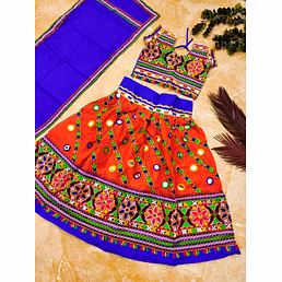 Colorful Cotton Lehnega Set with Embroidery and Mirror Work - Ages 3-14