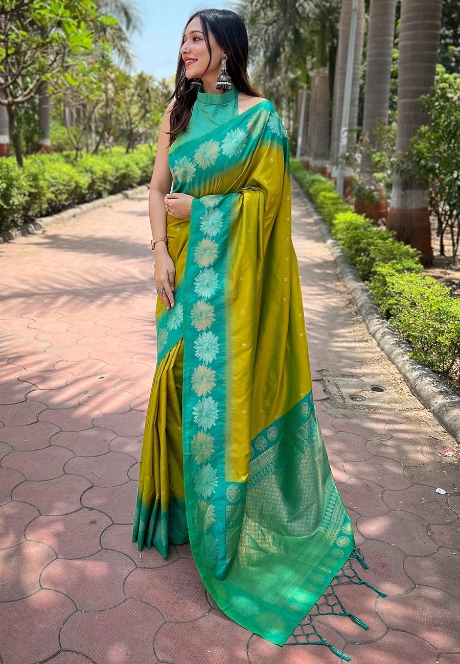 Soft Silk Saree with Rich Zari Work and Unique Contrast Border-REW-SUPERHIT-Green