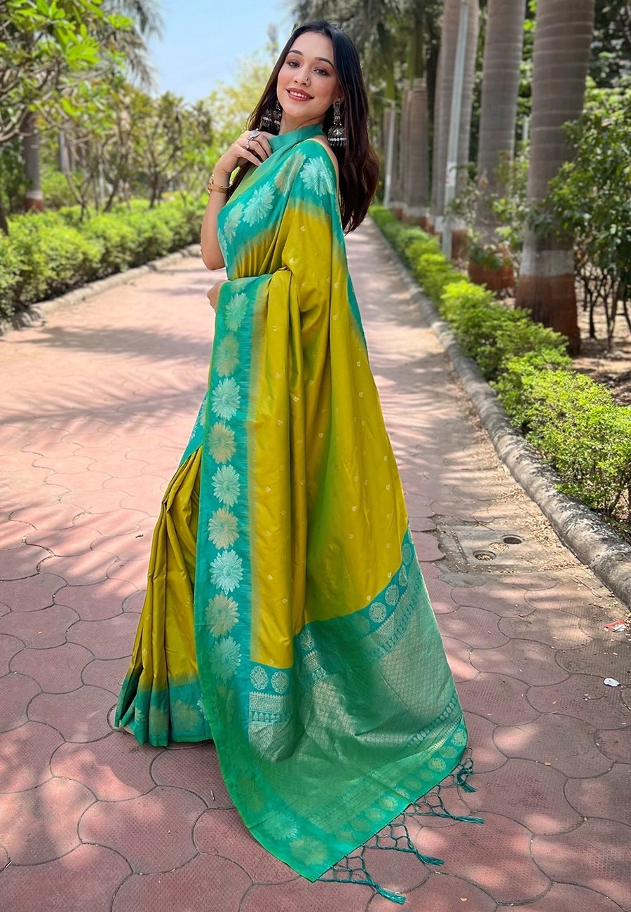 Soft Silk Saree with Rich Zari Work and Unique Contrast Border-Green-1