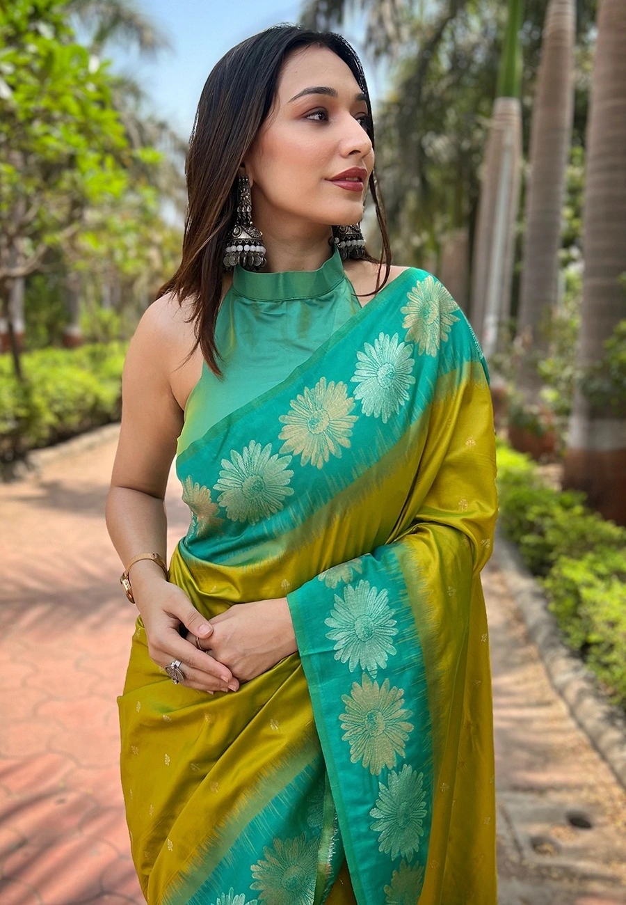 Soft Silk Saree with Rich Zari Work and Unique Contrast Border-Green-2