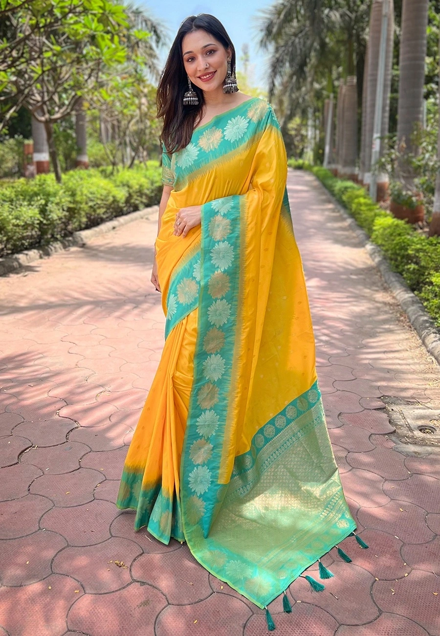 Soft Silk Saree with Rich Zari Work and Unique Contrast Border-REW-SUPERHIT-Yellow