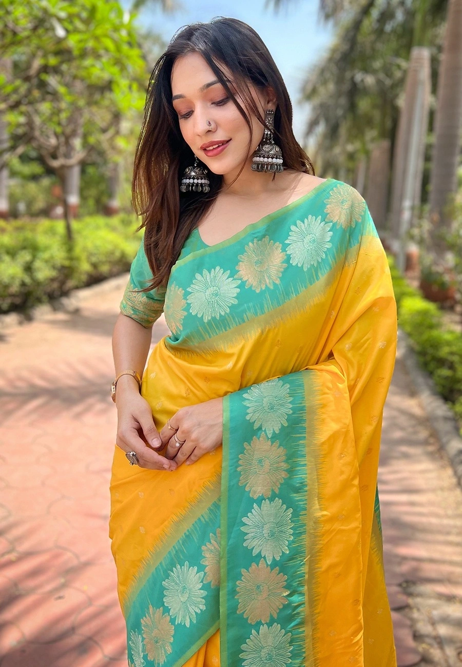 Soft Silk Saree with Rich Zari Work and Unique Contrast Border-Yellow-1