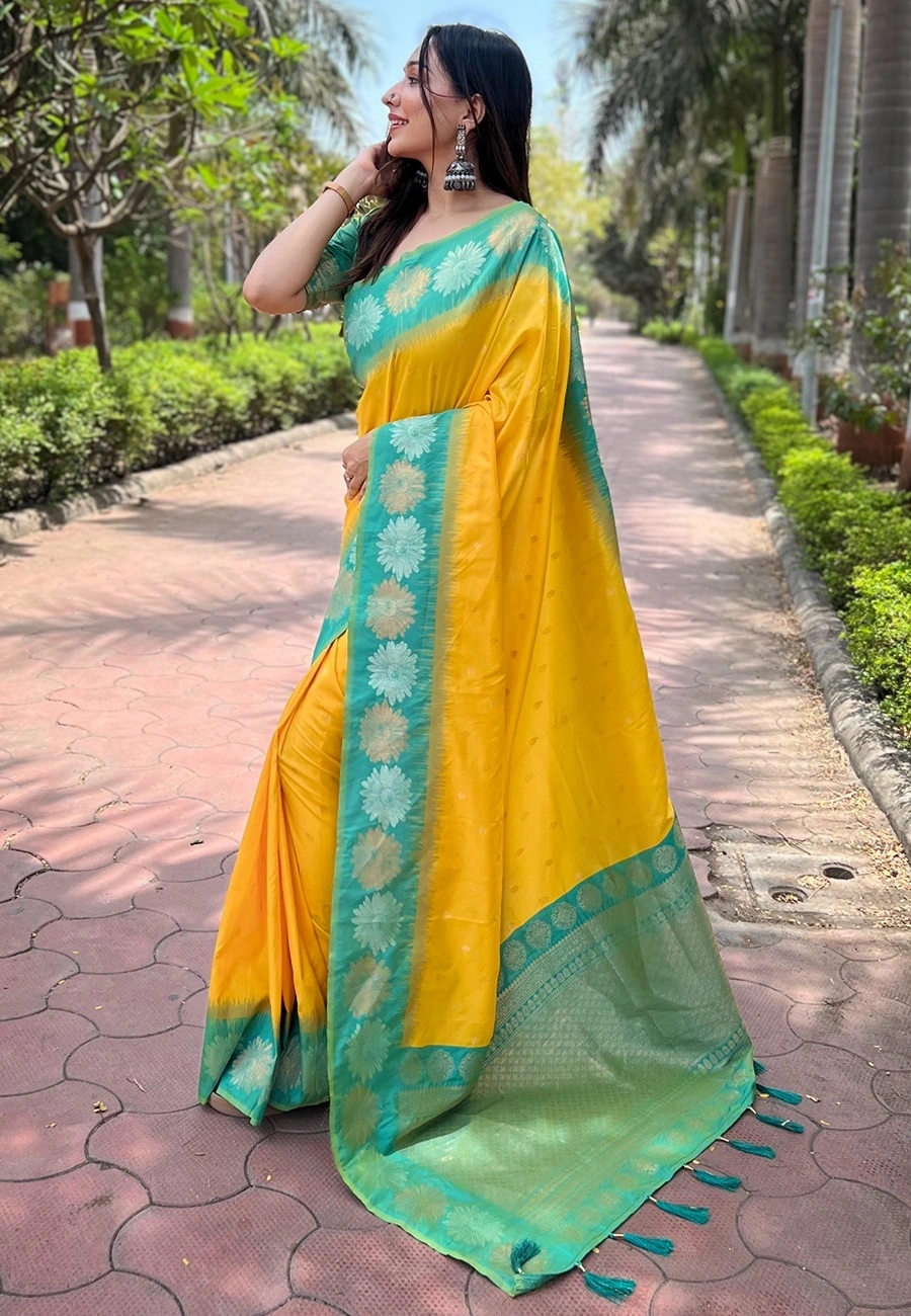 Soft Silk Saree with Rich Zari Work and Unique Contrast Border-Yellow-2