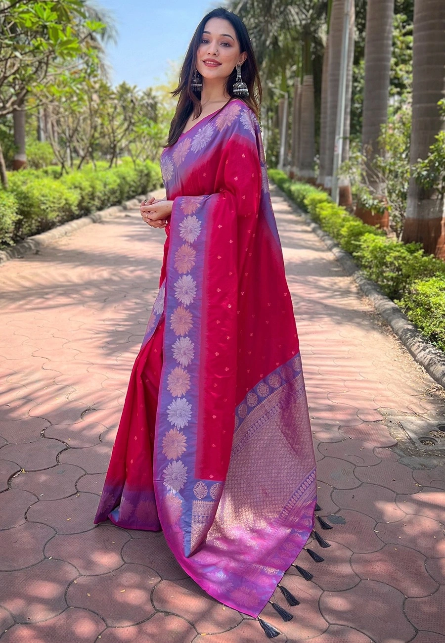 Soft Silk Saree with Rich Zari Work and Unique Contrast Border-Red-2