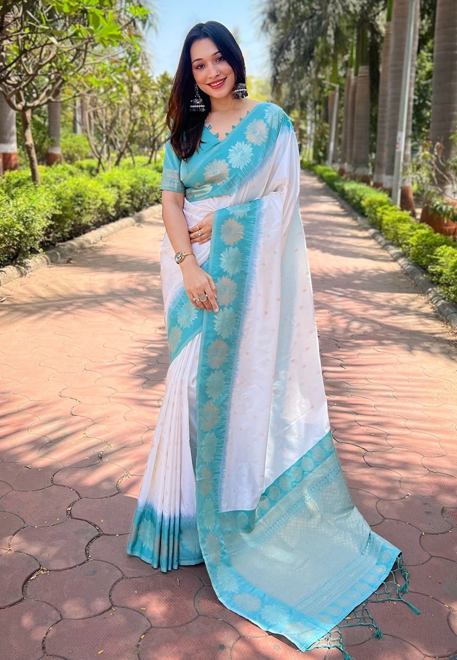 Soft Silk Saree with Rich Zari Work and Unique Contrast Border-REW-SUPERHIT-White