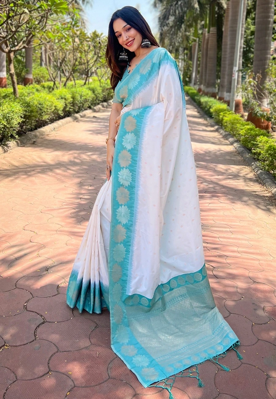 Soft Silk Saree with Rich Zari Work and Unique Contrast Border-White-2