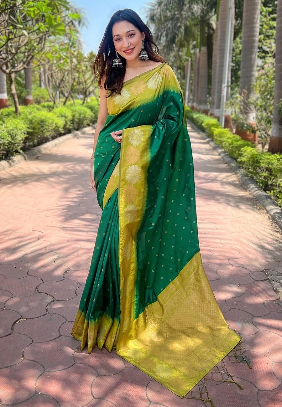 Soft Silk Saree with Rich Zari Work and Unique Contrast Border-REW-SUPERHIT-DarkGreen