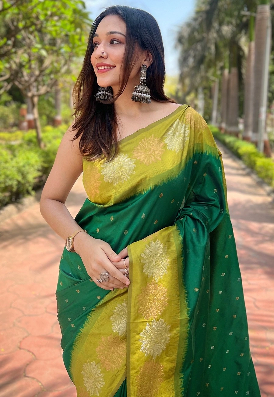 Soft Silk Saree with Rich Zari Work and Unique Contrast Border-Dark Green-1