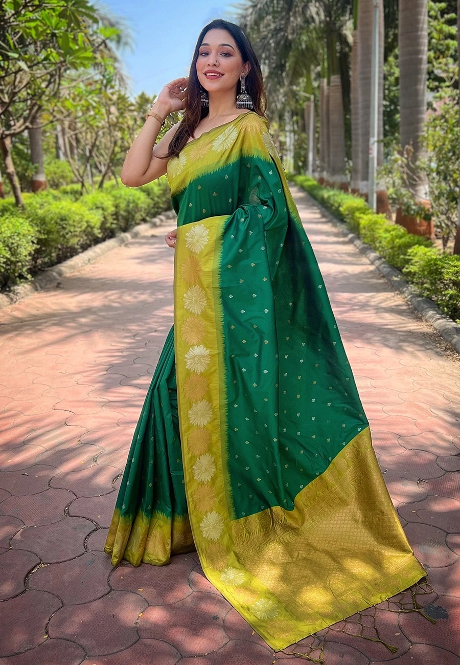 Soft Silk Saree with Rich Zari Work and Unique Contrast Border-Dark Green-2