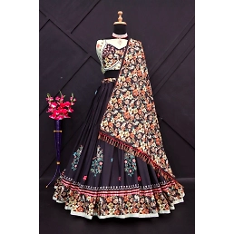 Muslin Cotton Lehenga Set: Semi-Stitched, Printed, 4m Flair, Mirror Work