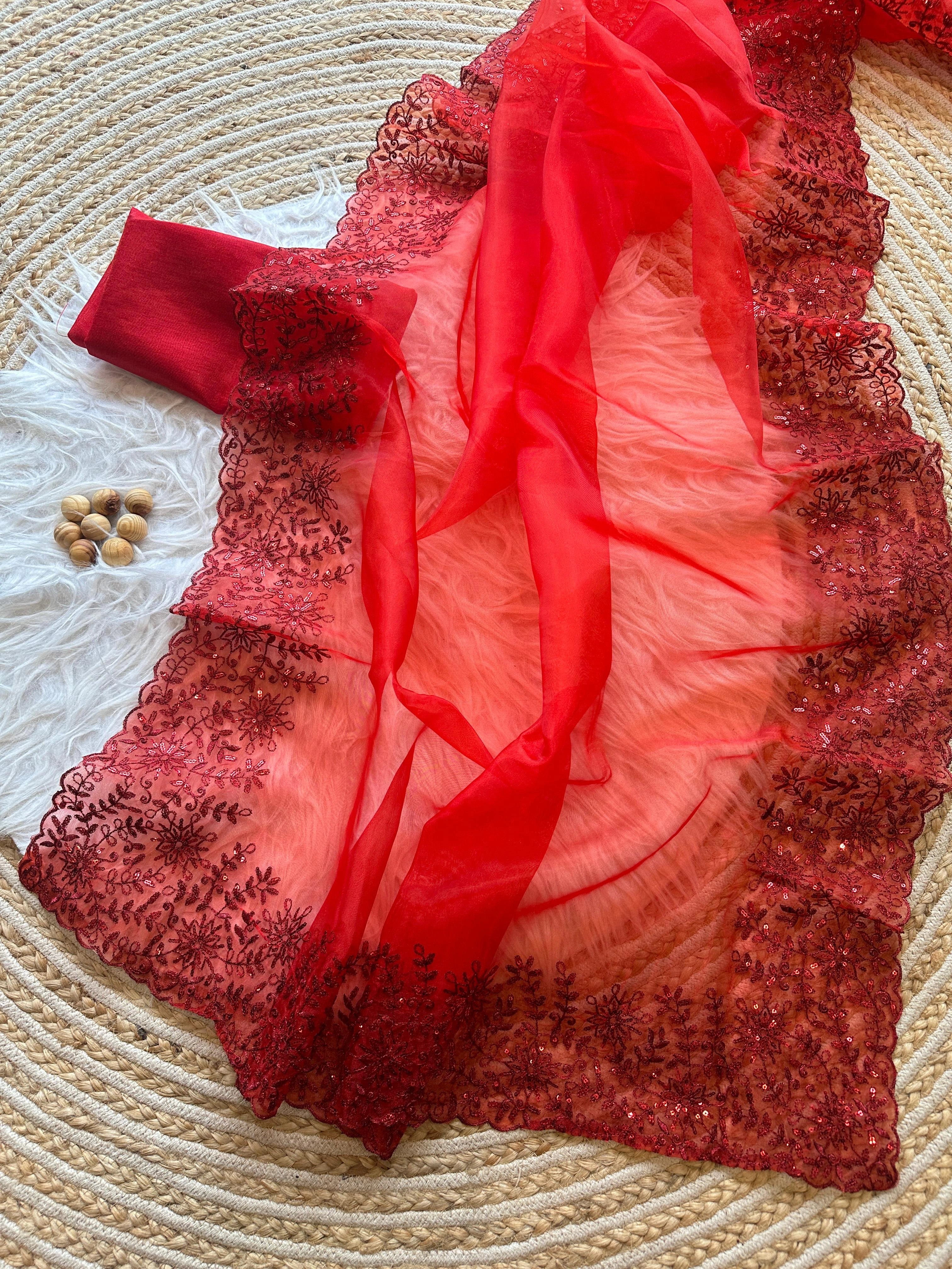 Premium Silk Saree with Stunning Embroidery and Raw Silk Blouse-Red-3