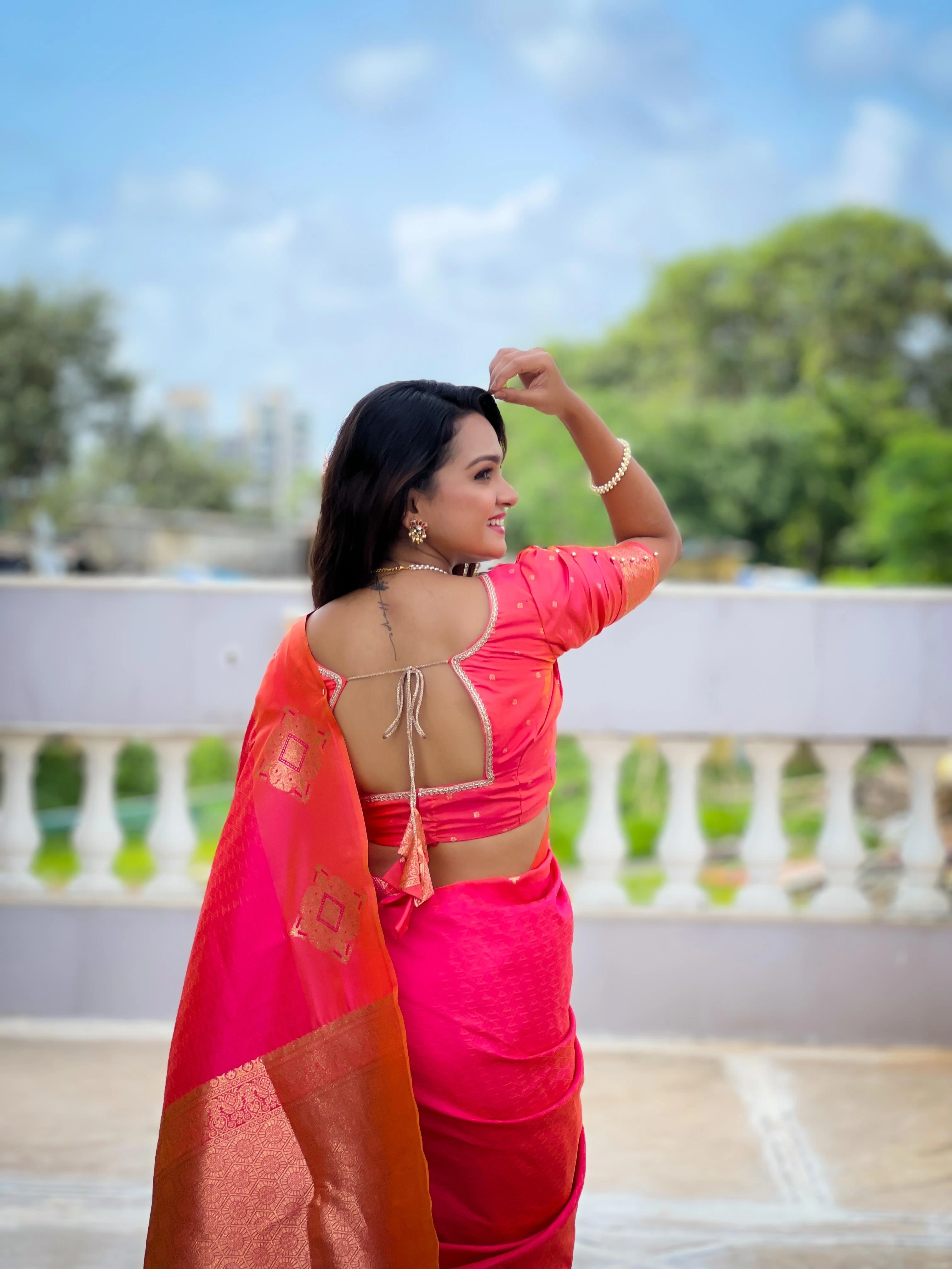 Silk Saree with Zari Weaving &amp; Unique Blouse-Red-3