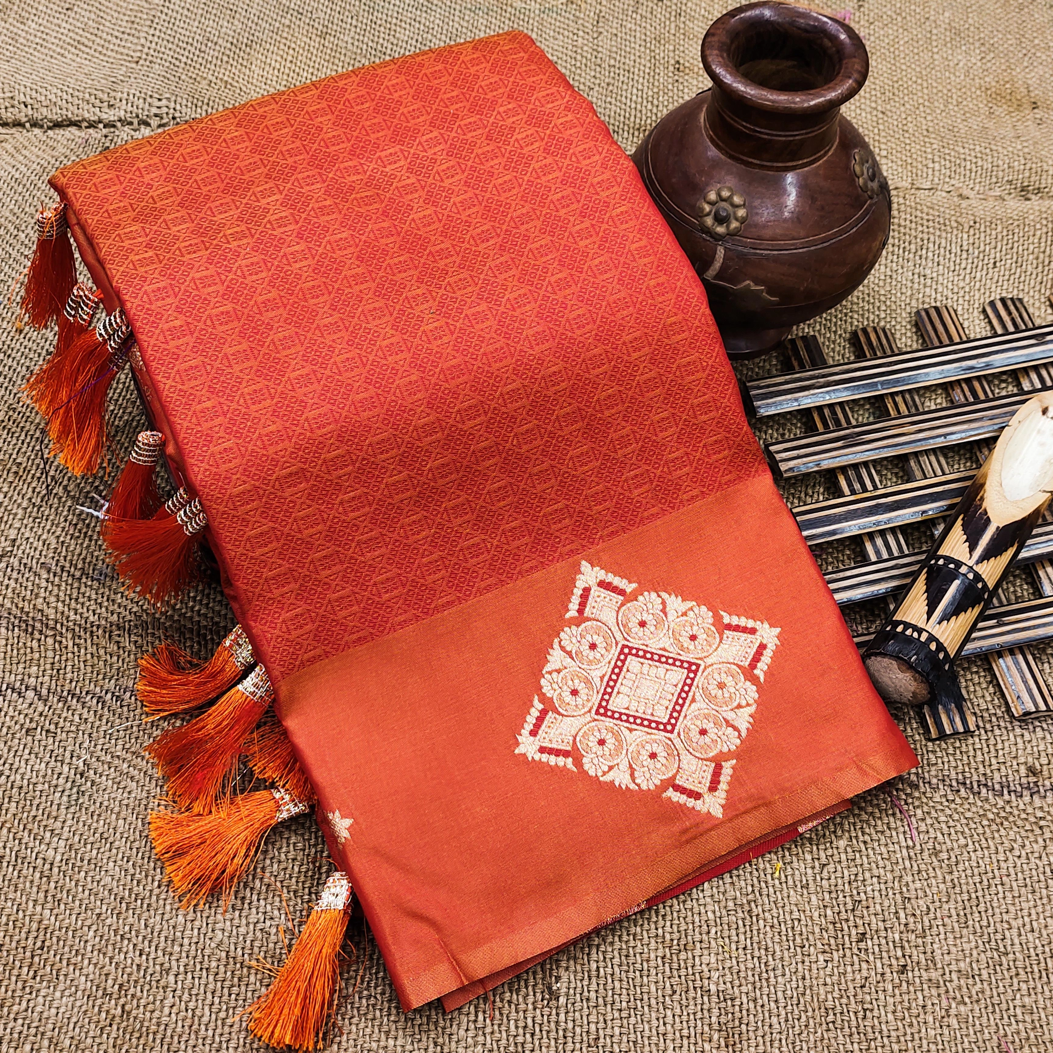 Silk Saree with Zari Weaving &amp; Unique Blouse-Orange-1