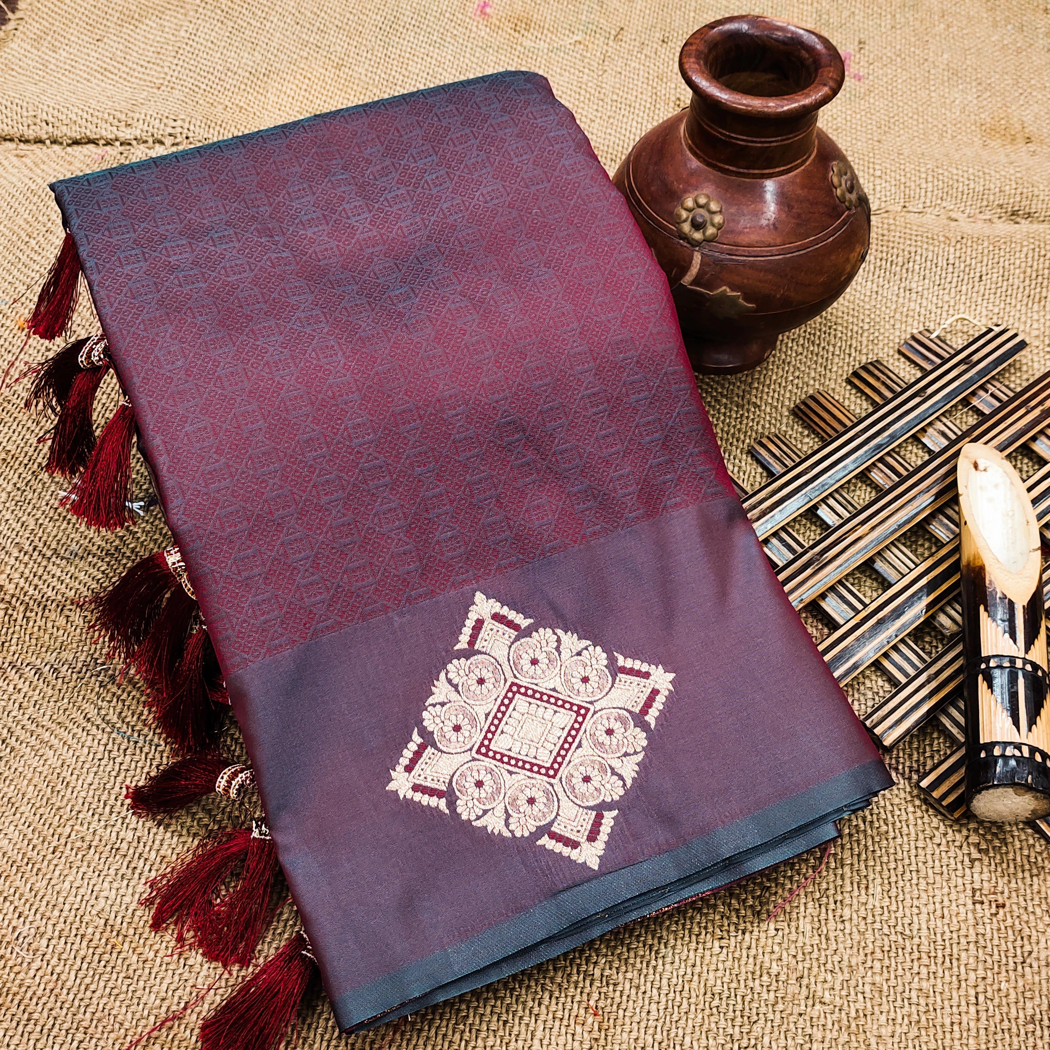 Silk Saree with Zari Weaving &amp; Unique Blouse-RMNX-Sonpari-Wine