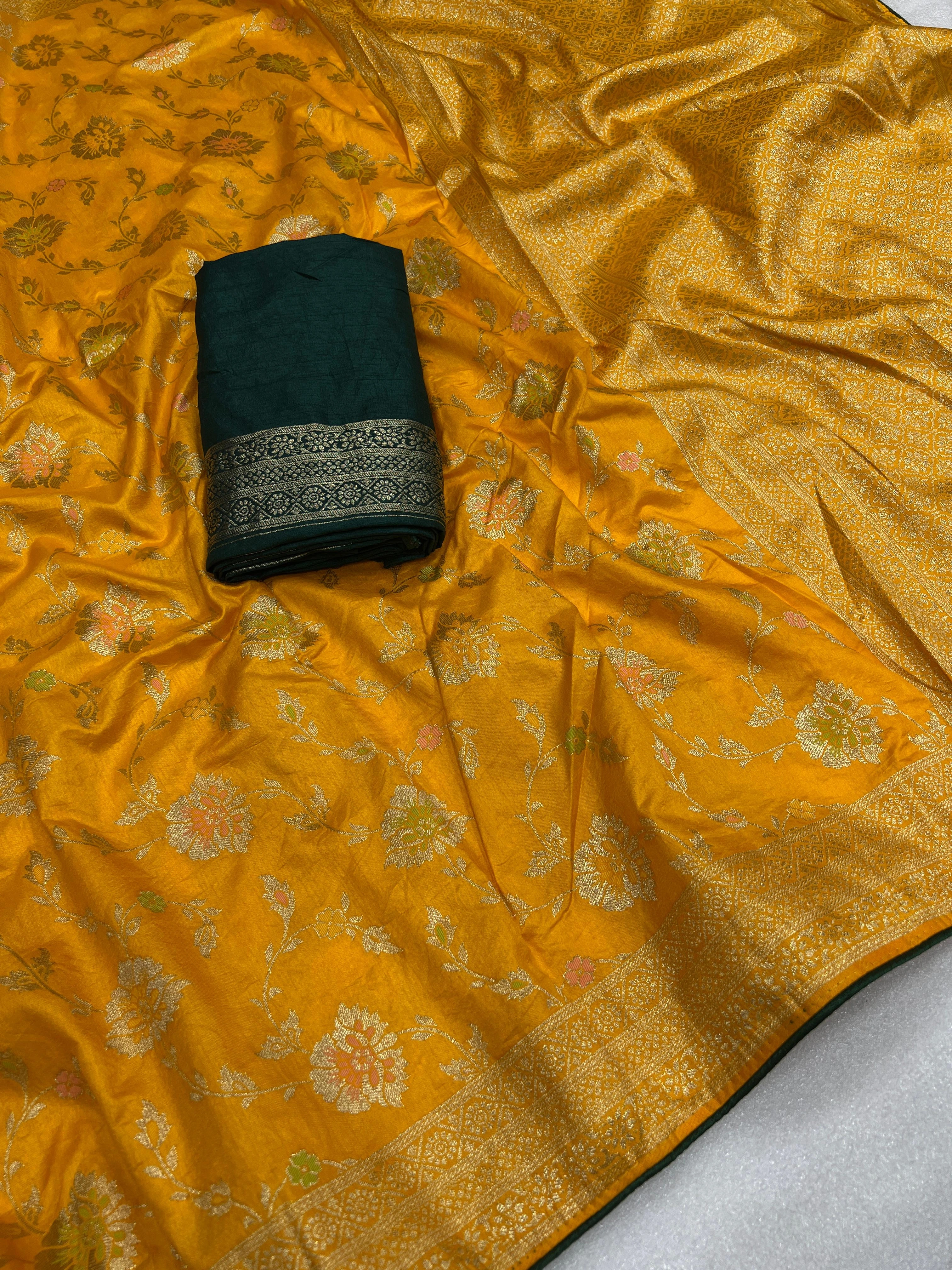 Pure Dola Silk Saree with Meenakari and Zari Weaving-Yellow-1