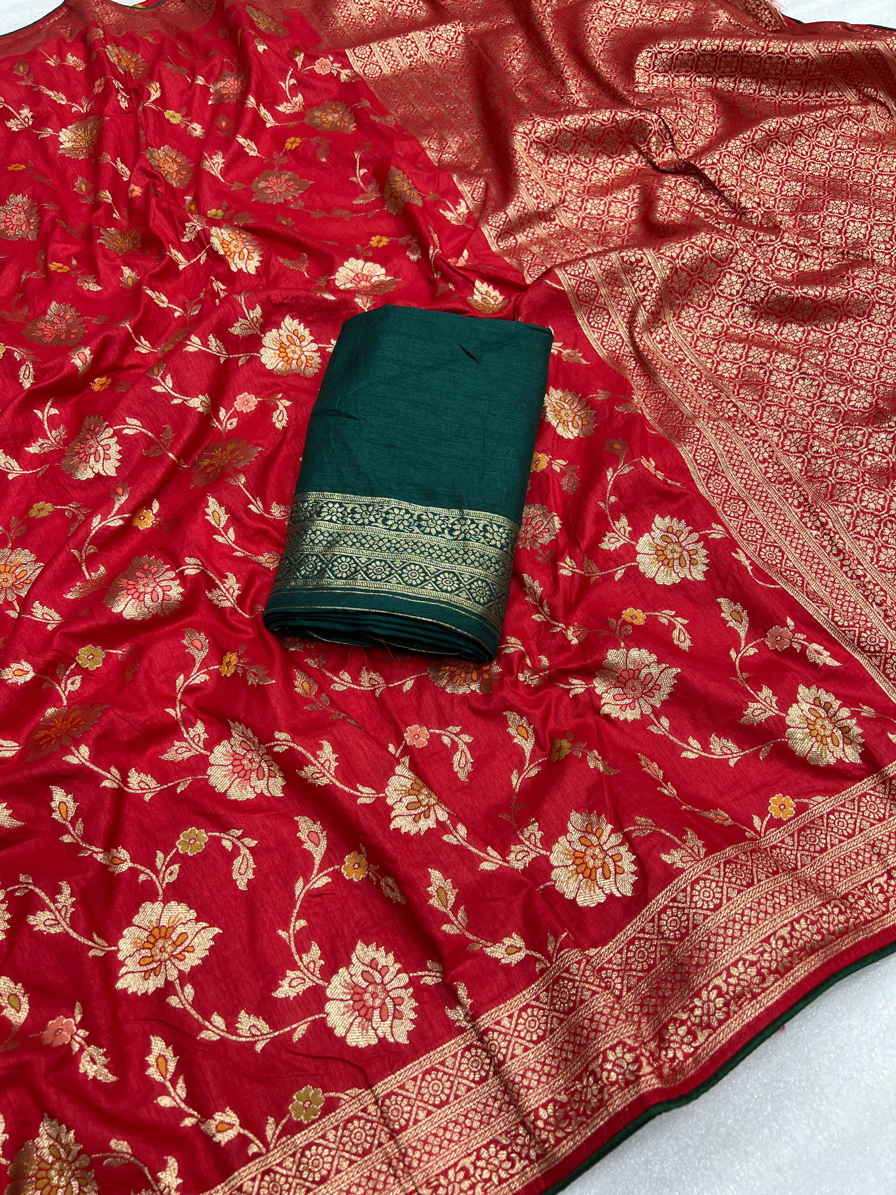 Pure Dola Silk Saree with Meenakari and Zari Weaving-Red-1