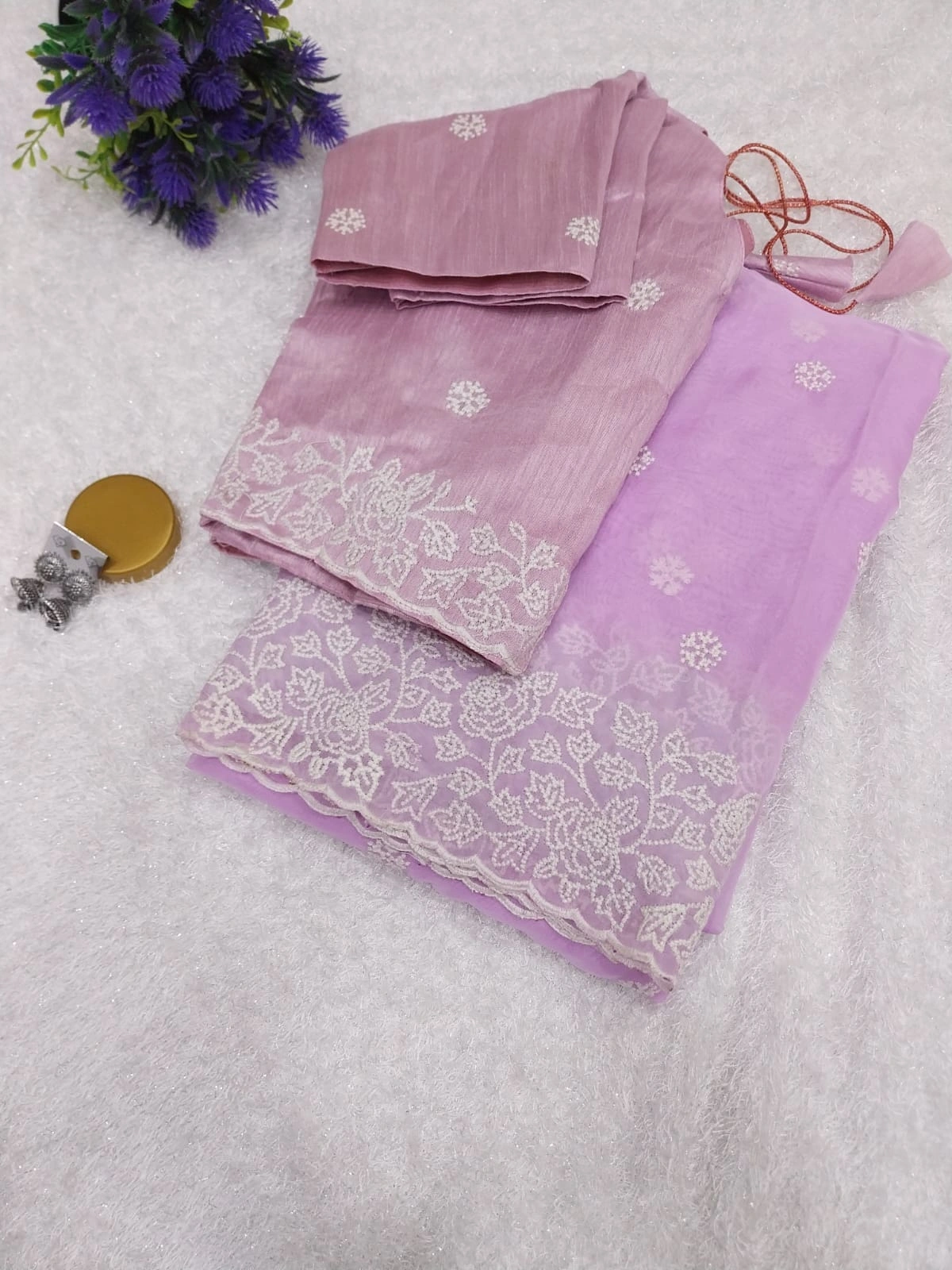 Embroidered Organza Silk Saree with Stitched Blouse-SYF-01-Pink