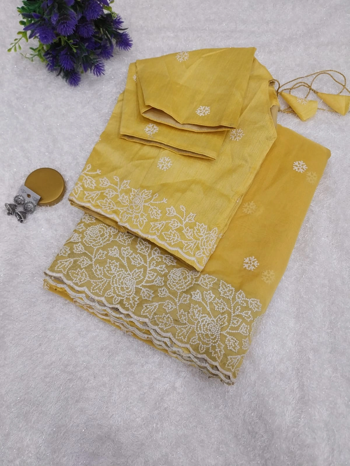 Embroidered Organza Silk Saree with Stitched Blouse-SYF-01-Yellow