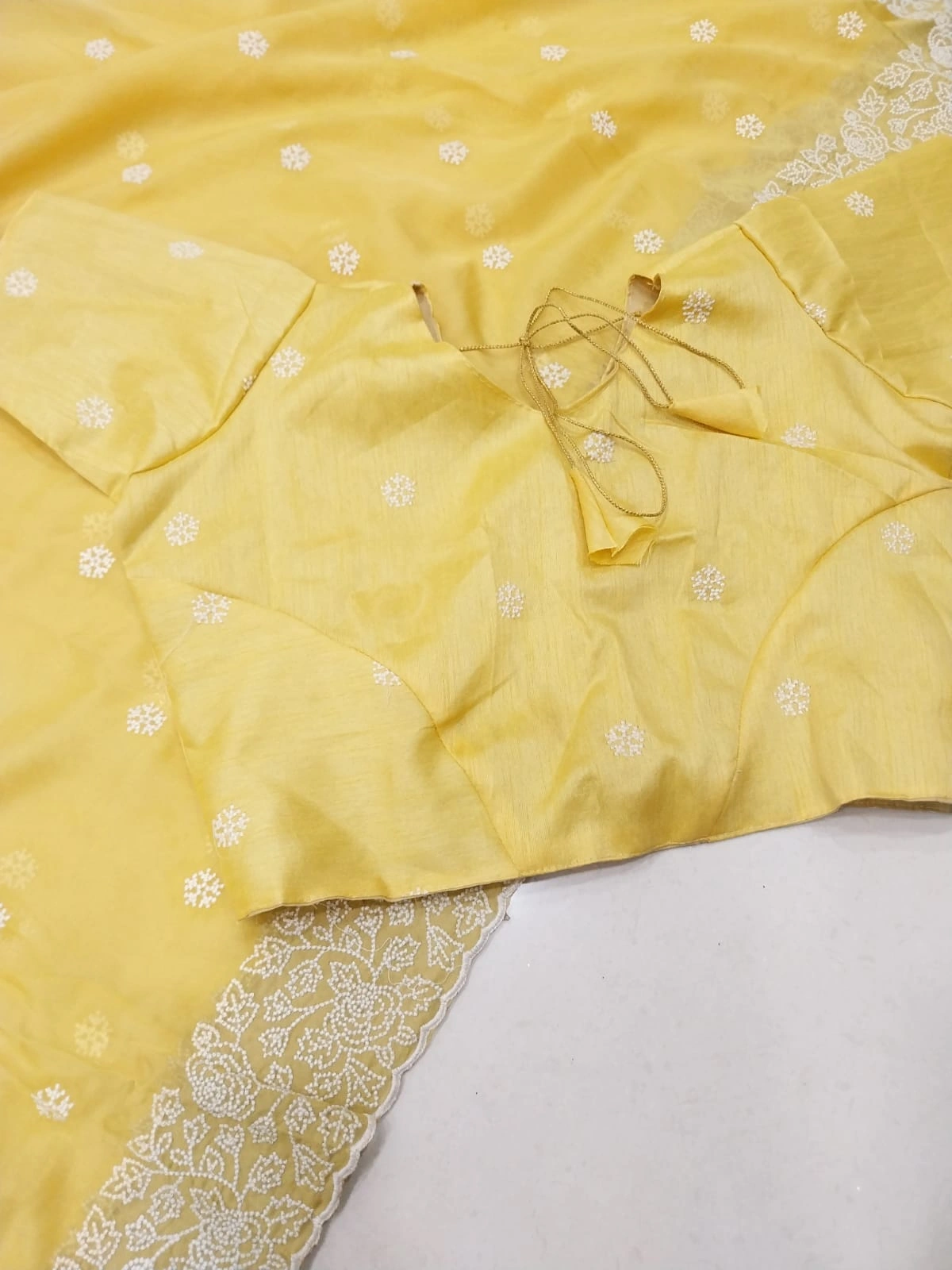 Embroidered Organza Silk Saree with Stitched Blouse-Yellow-1