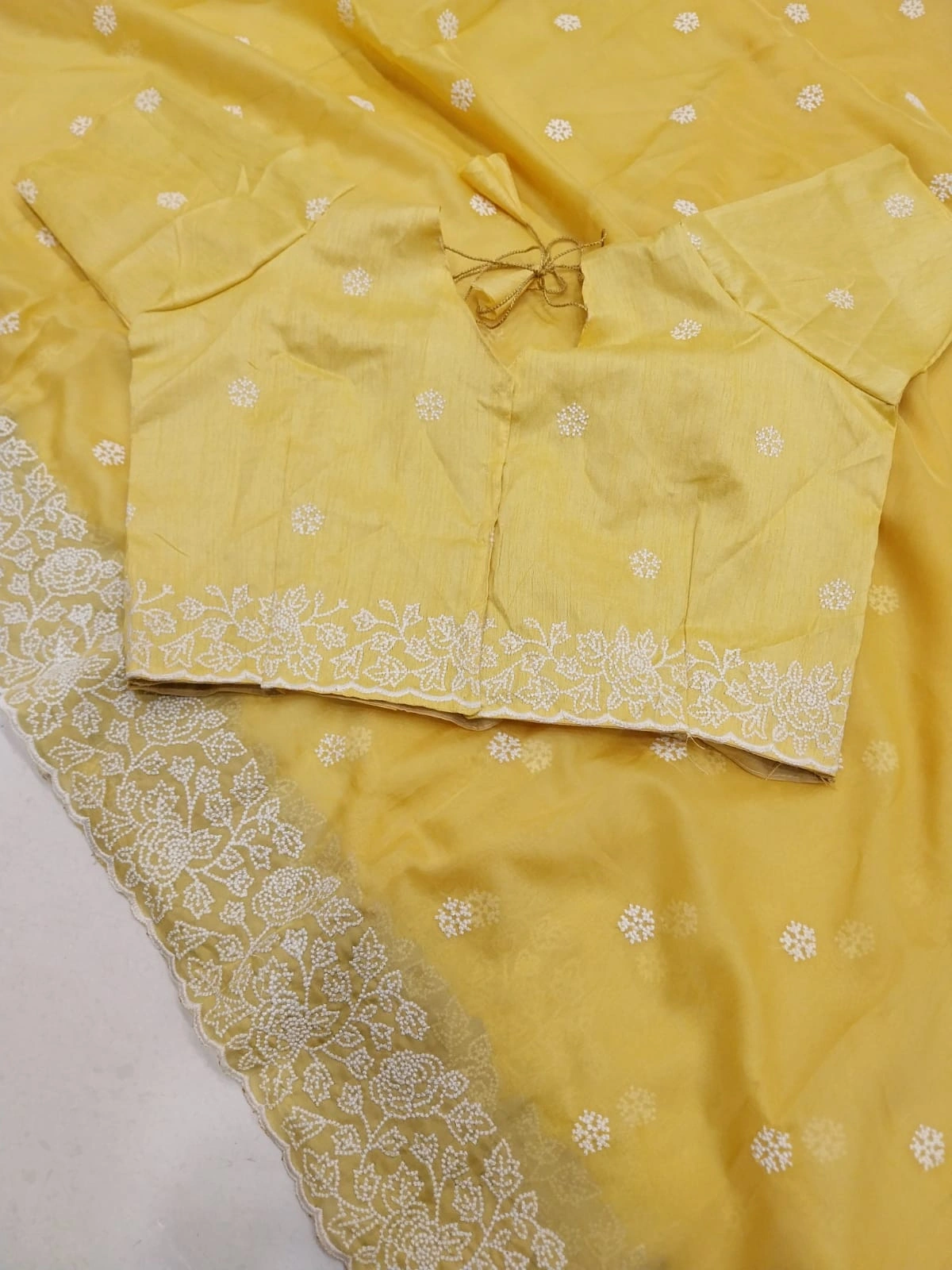 Embroidered Organza Silk Saree with Stitched Blouse-Yellow-2