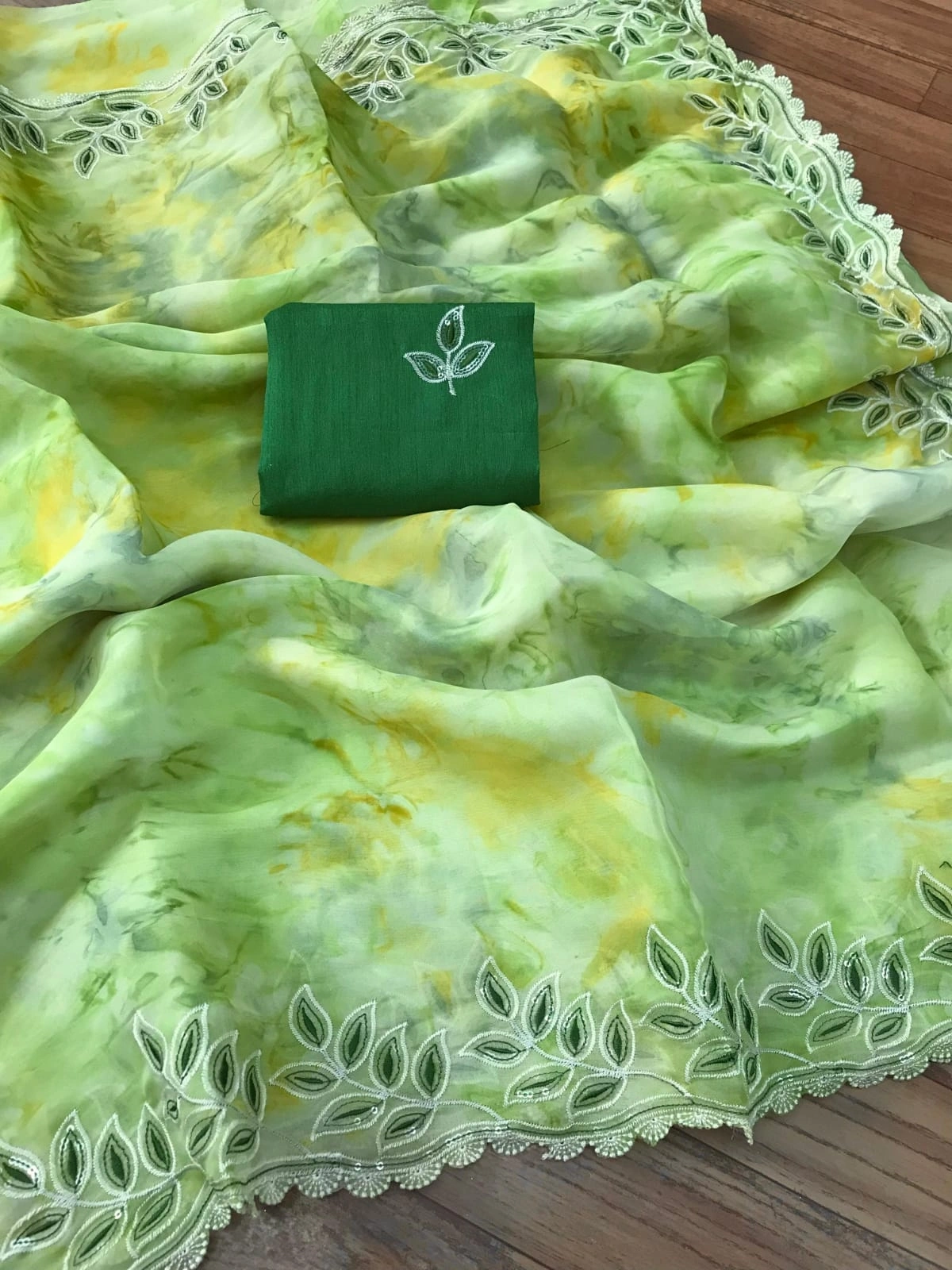 Floral Embroidered Chiffon Saree with Lace Border and Designer Blouse-Green-1