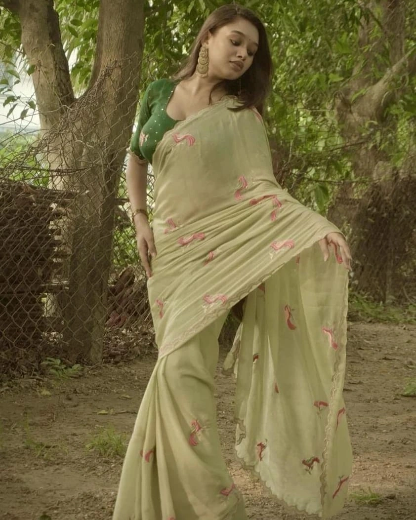 Embroidered Chiffon Saree with Aarco Design Border and Silk Blouse-SYF-380-Green