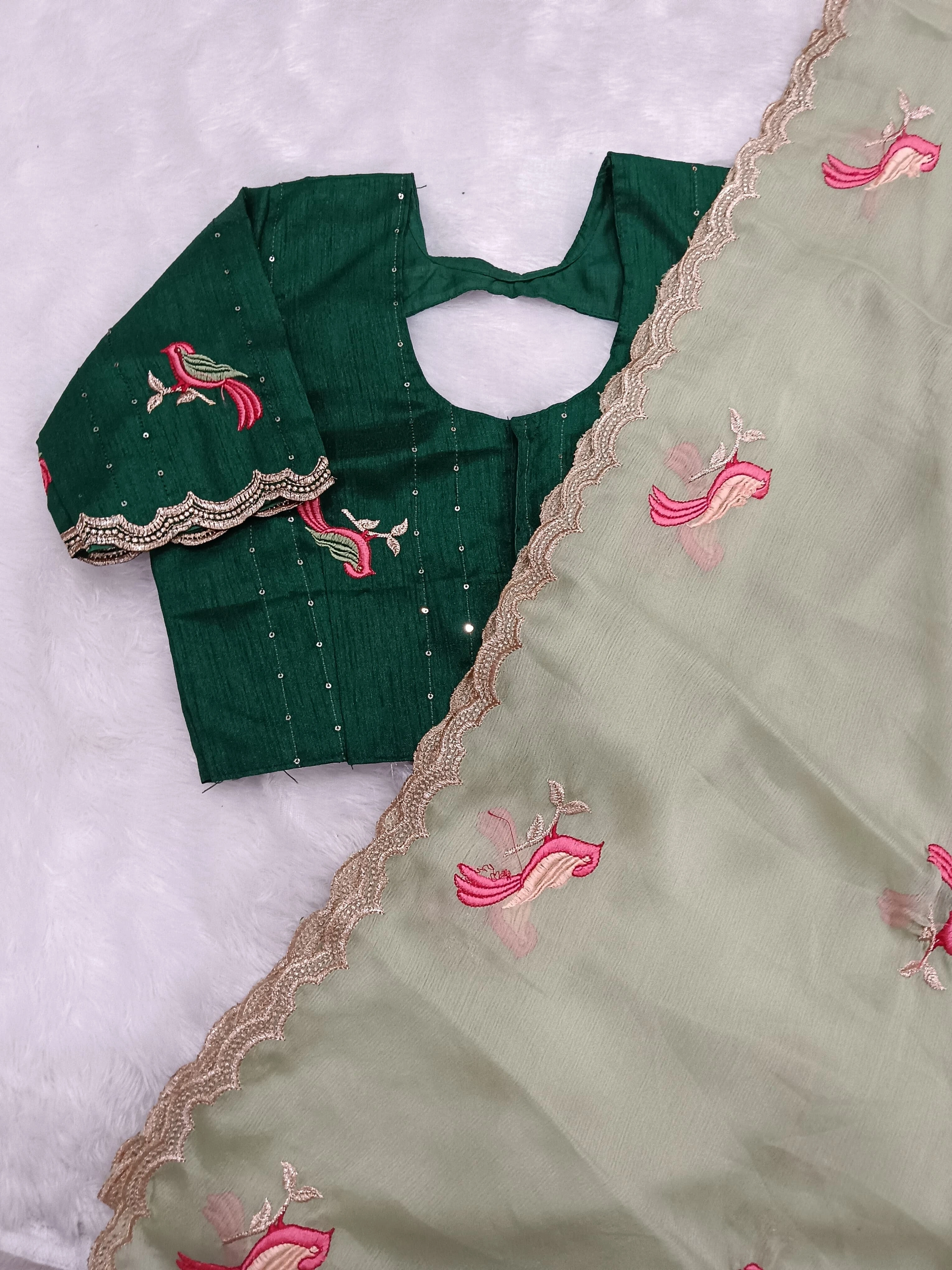 Embroidered Chiffon Saree with Aarco Design Border and Silk Blouse-Green-5