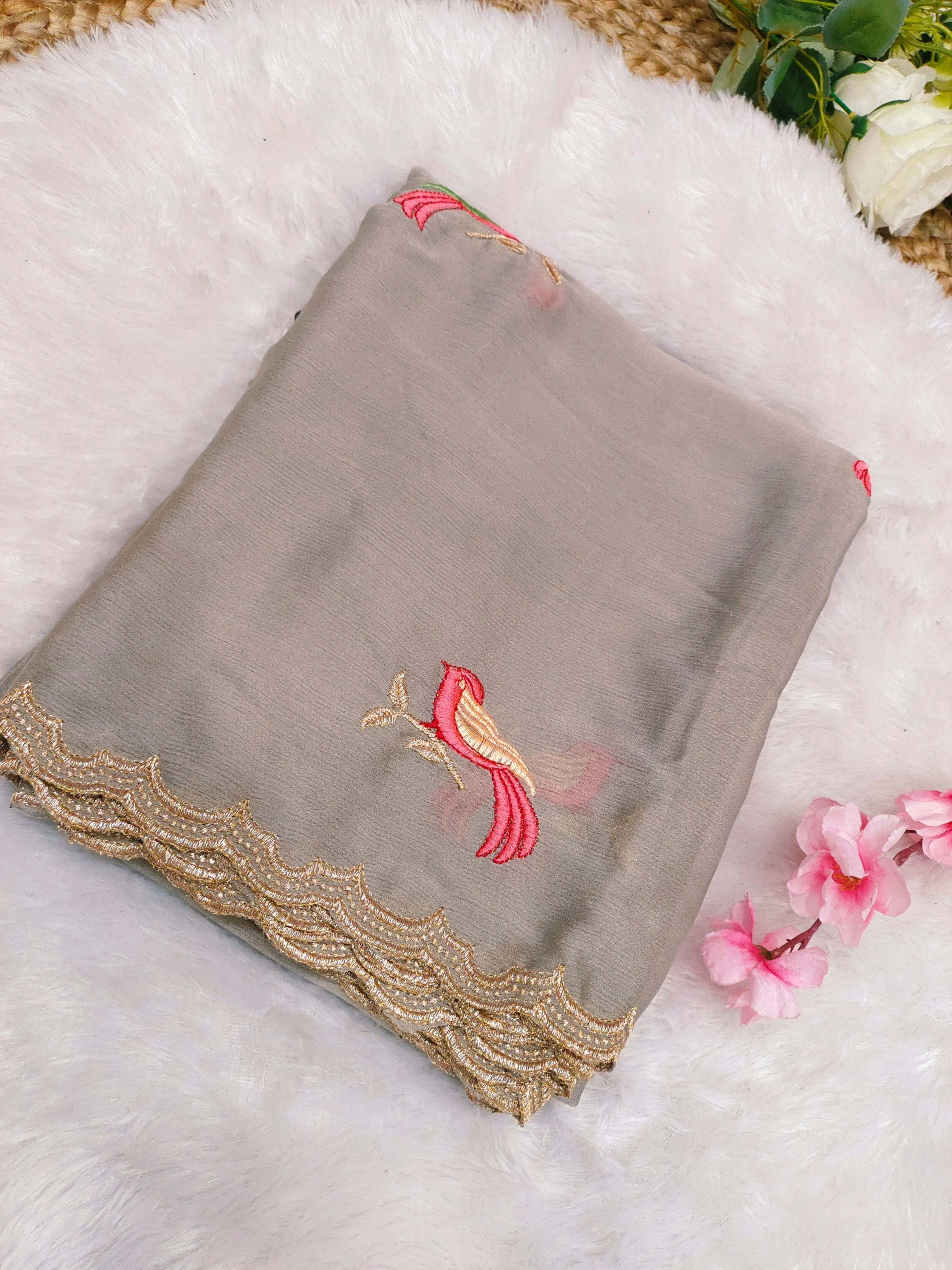 Embroidered Chiffon Saree with Aarco Design Border and Silk Blouse-Grey-1