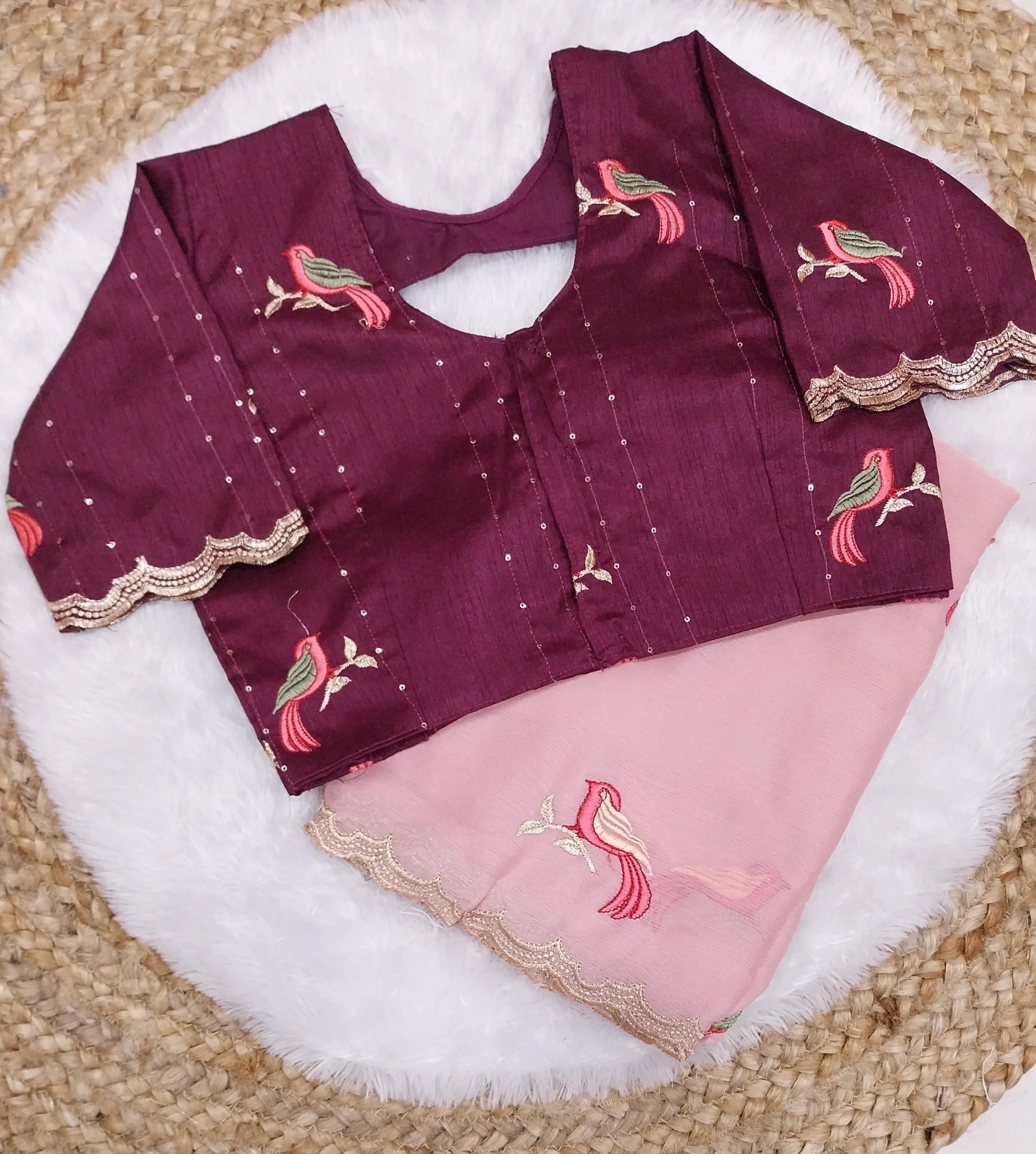 Embroidered Chiffon Saree with Aarco Design Border and Silk Blouse-SYF-380-Pink