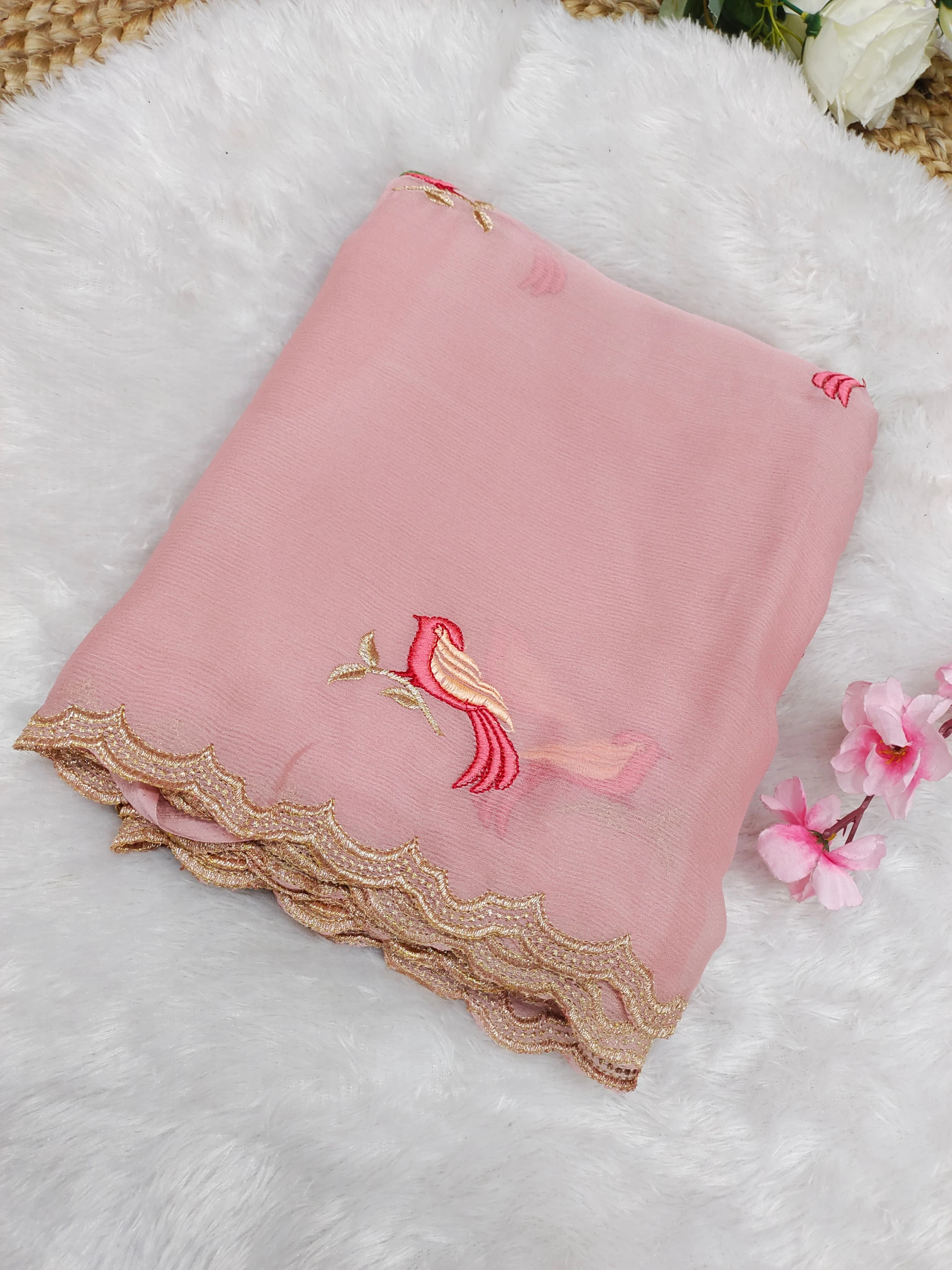 Embroidered Chiffon Saree with Aarco Design Border and Silk Blouse-Pink-1