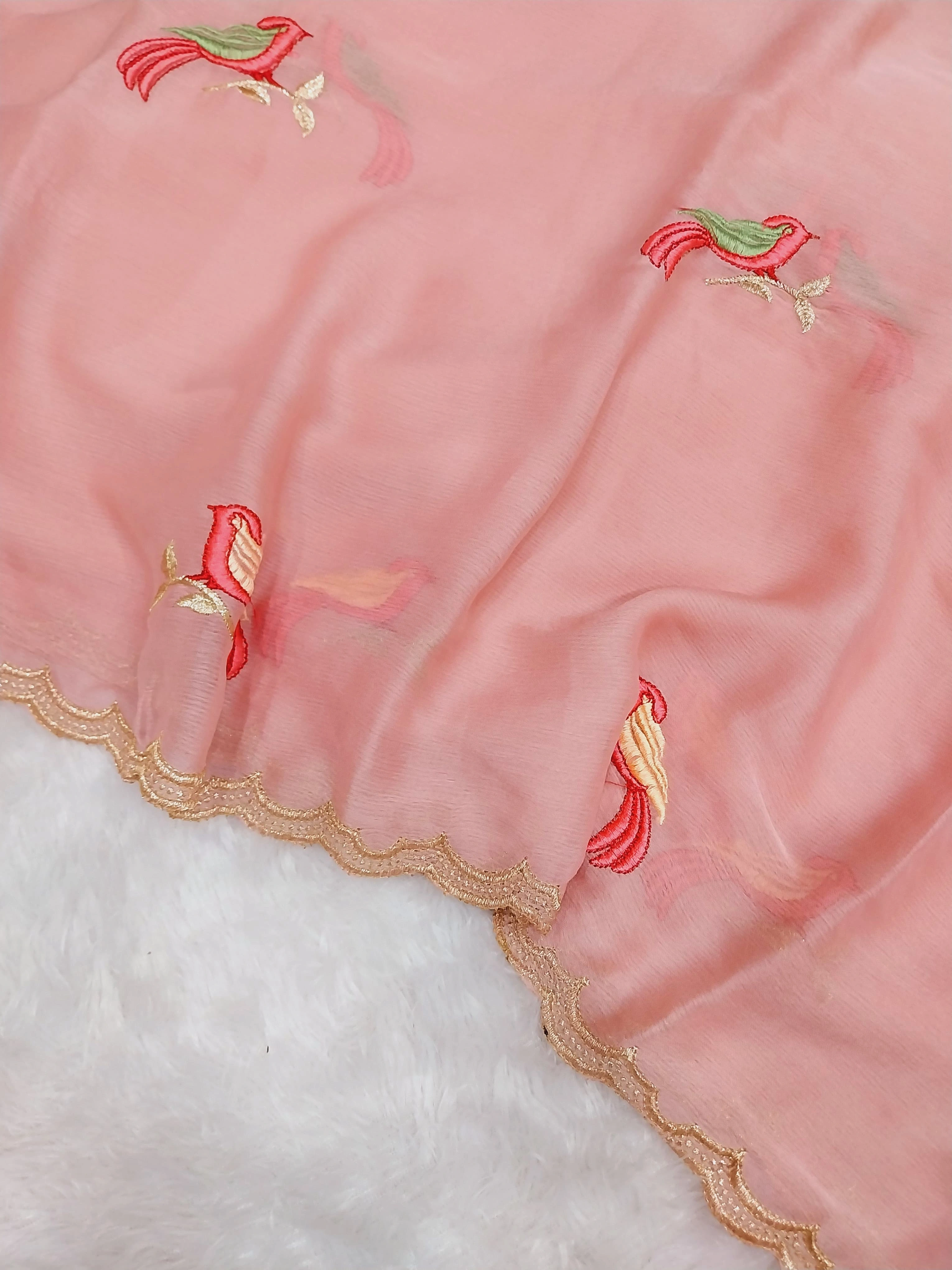 Embroidered Chiffon Saree with Aarco Design Border and Silk Blouse-Pink-2