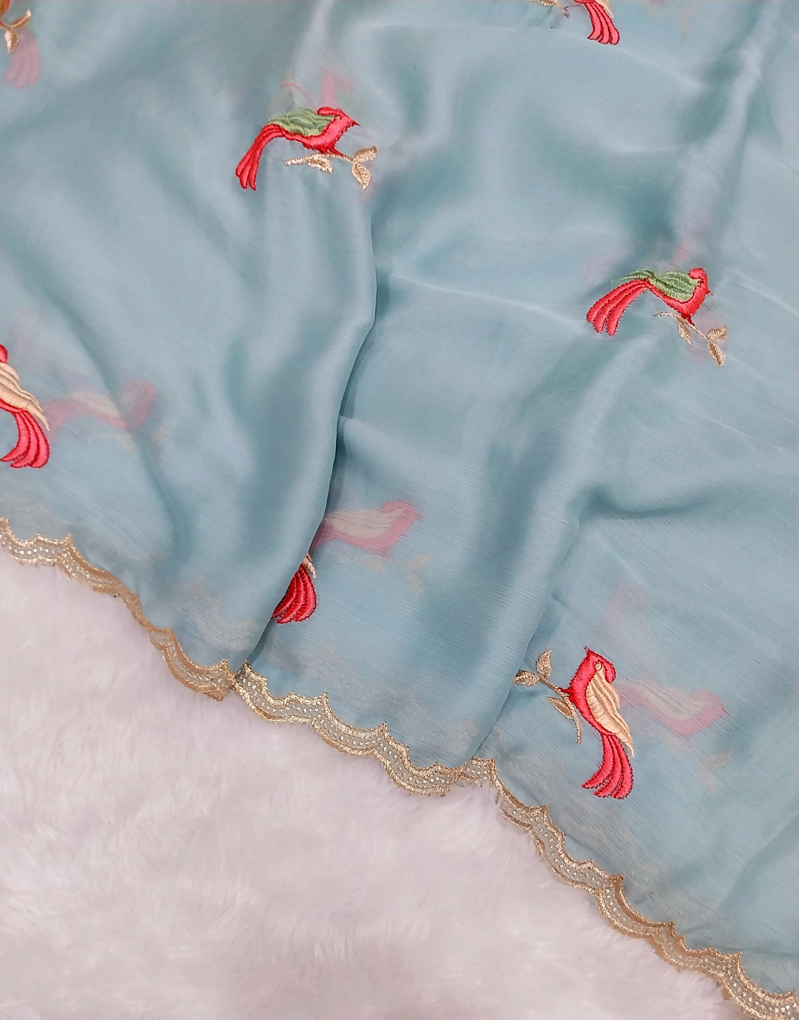 Embroidered Chiffon Saree with Aarco Design Border and Silk Blouse-Sky Blue-2