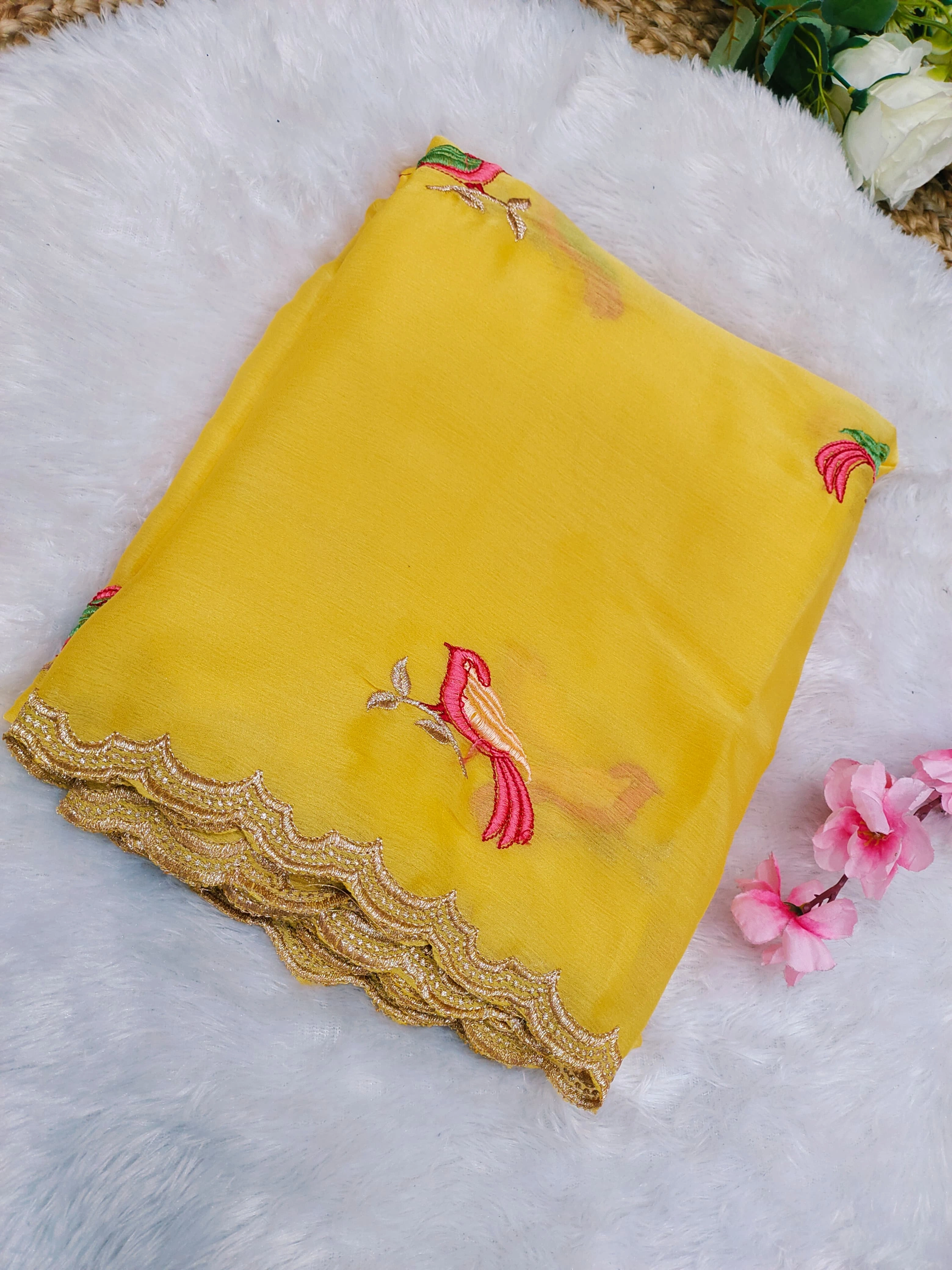 Embroidered Chiffon Saree with Aarco Design Border and Silk Blouse-Yellow-1