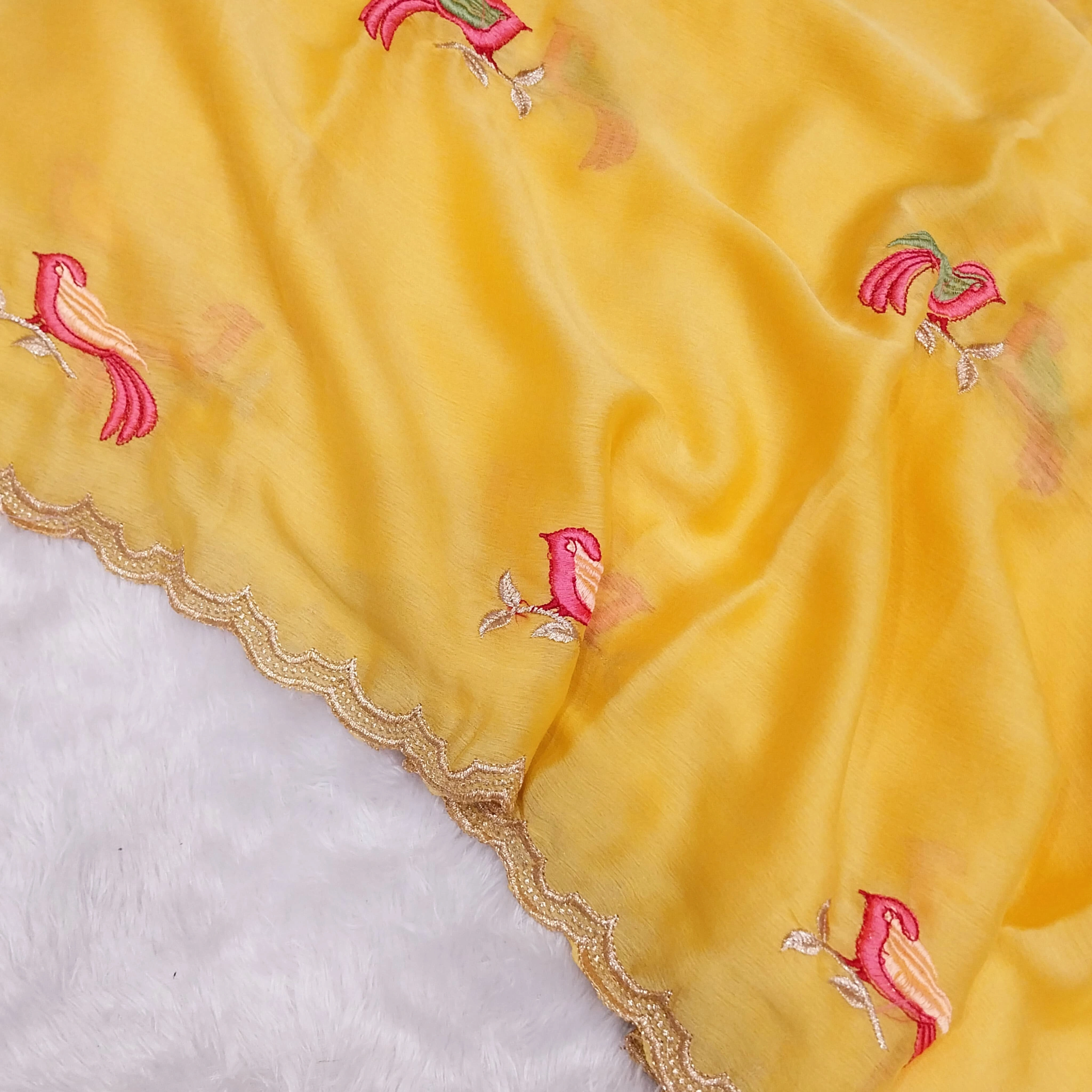 Embroidered Chiffon Saree with Aarco Design Border and Silk Blouse-Yellow-2