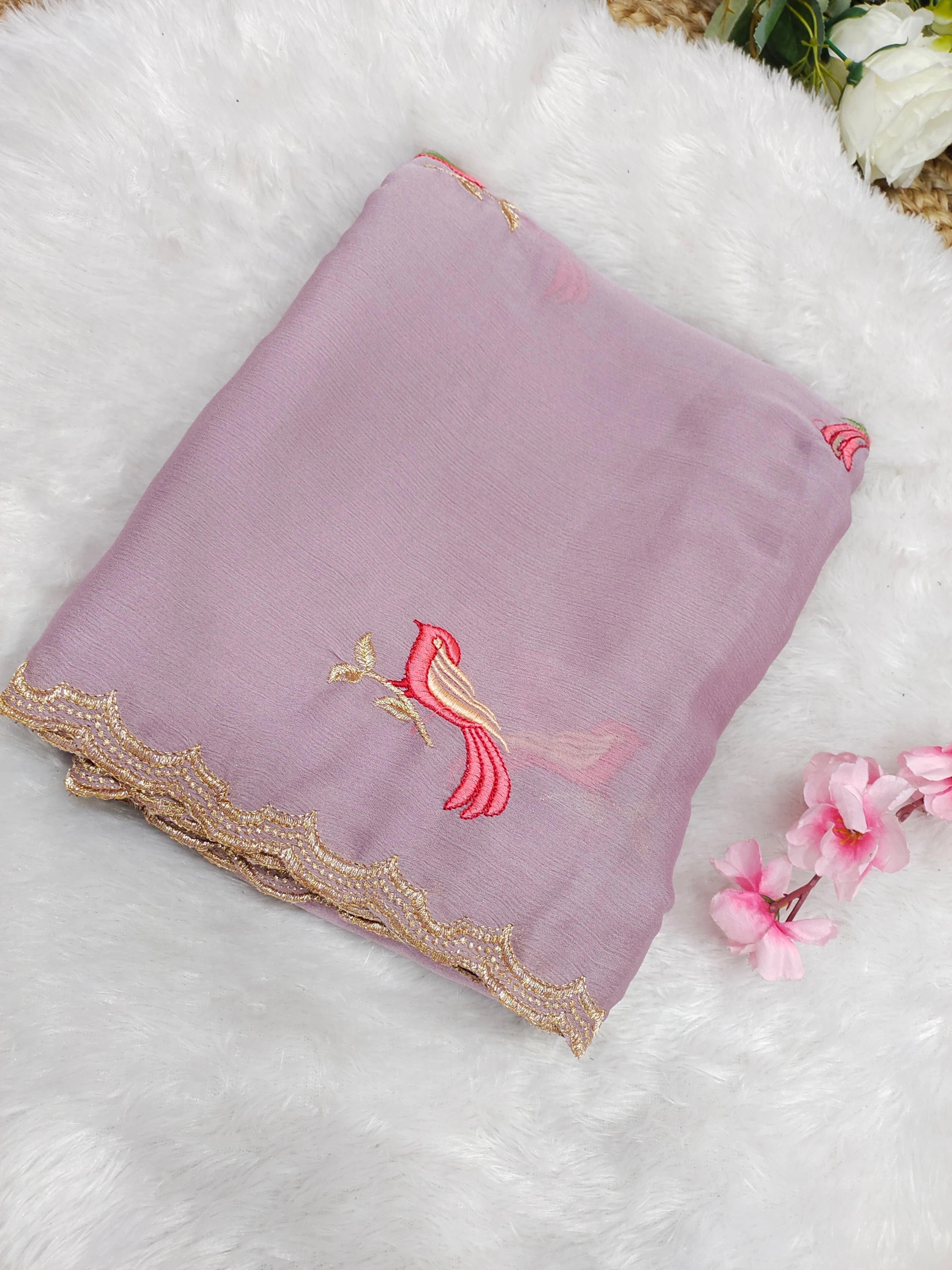 Embroidered Chiffon Saree with Aarco Design Border and Silk Blouse-Lavender-1