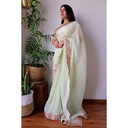 Embroidered Georgette Saree with Crushed Pleats &amp; Silk Blouse