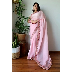 Embroidered Georgette Saree with Crushed Pleats & Silk Blouse