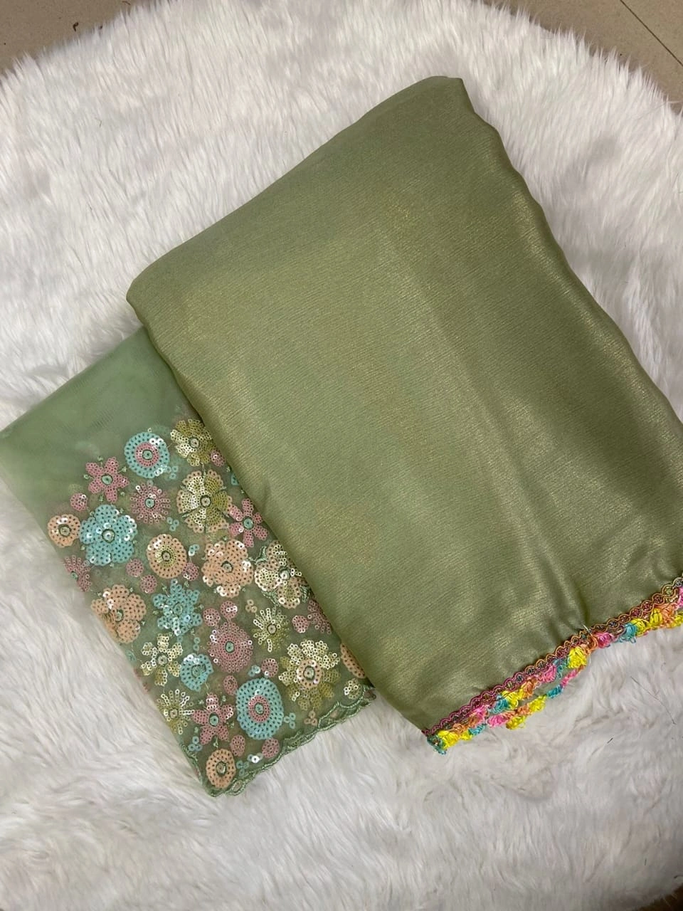 Shimmering Multi-Colored Moss Chiffon Saree with Lace Embellishments-Green-1