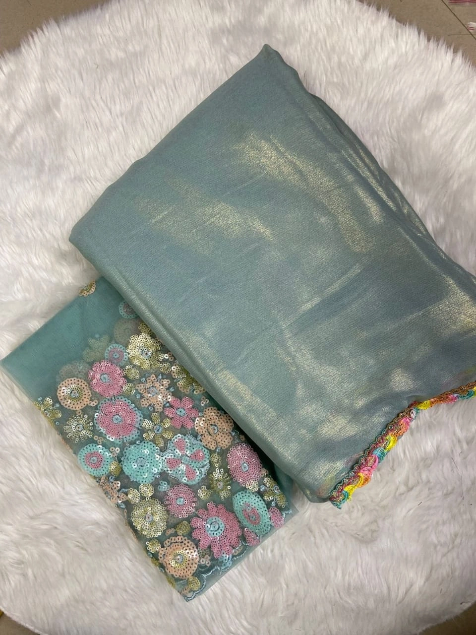 Shimmering Multi-Colored Moss Chiffon Saree with Lace Embellishments-Rama-1