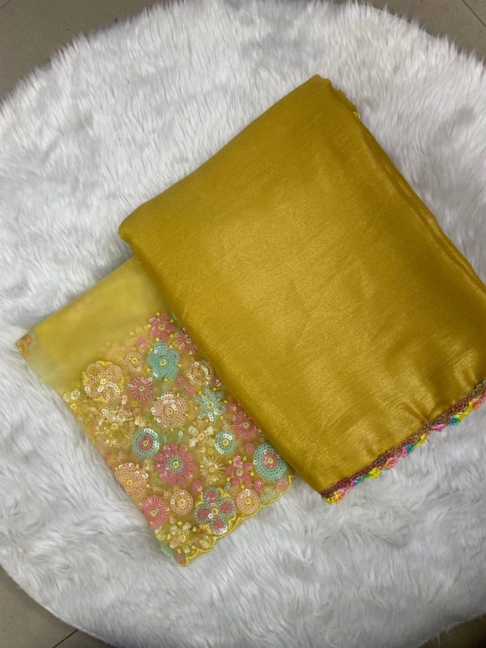 Shimmering Multi-Colored Moss Chiffon Saree with Lace Embellishments-Mustard-1