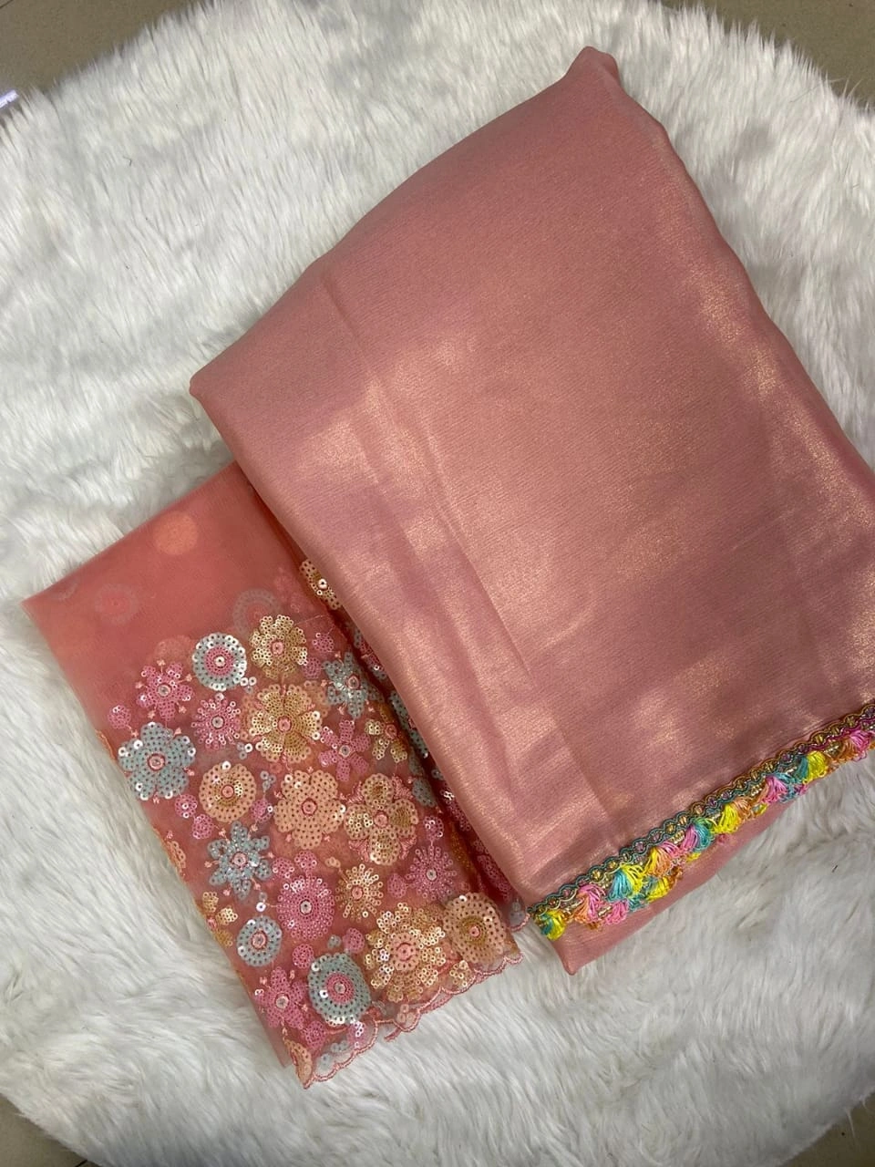 Shimmering Multi-Colored Moss Chiffon Saree with Lace Embellishments-SYF-426-Peach