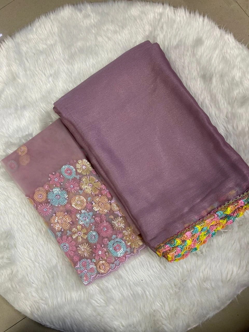 Shimmering Multi-Colored Moss Chiffon Saree with Lace Embellishments-Lavender-1