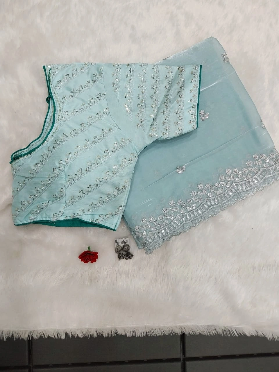 Crystal Sparkle Saree with Sequin Embroidered Blouse - Elegant and Glamorous-SYF-Falguni-SkyBlue